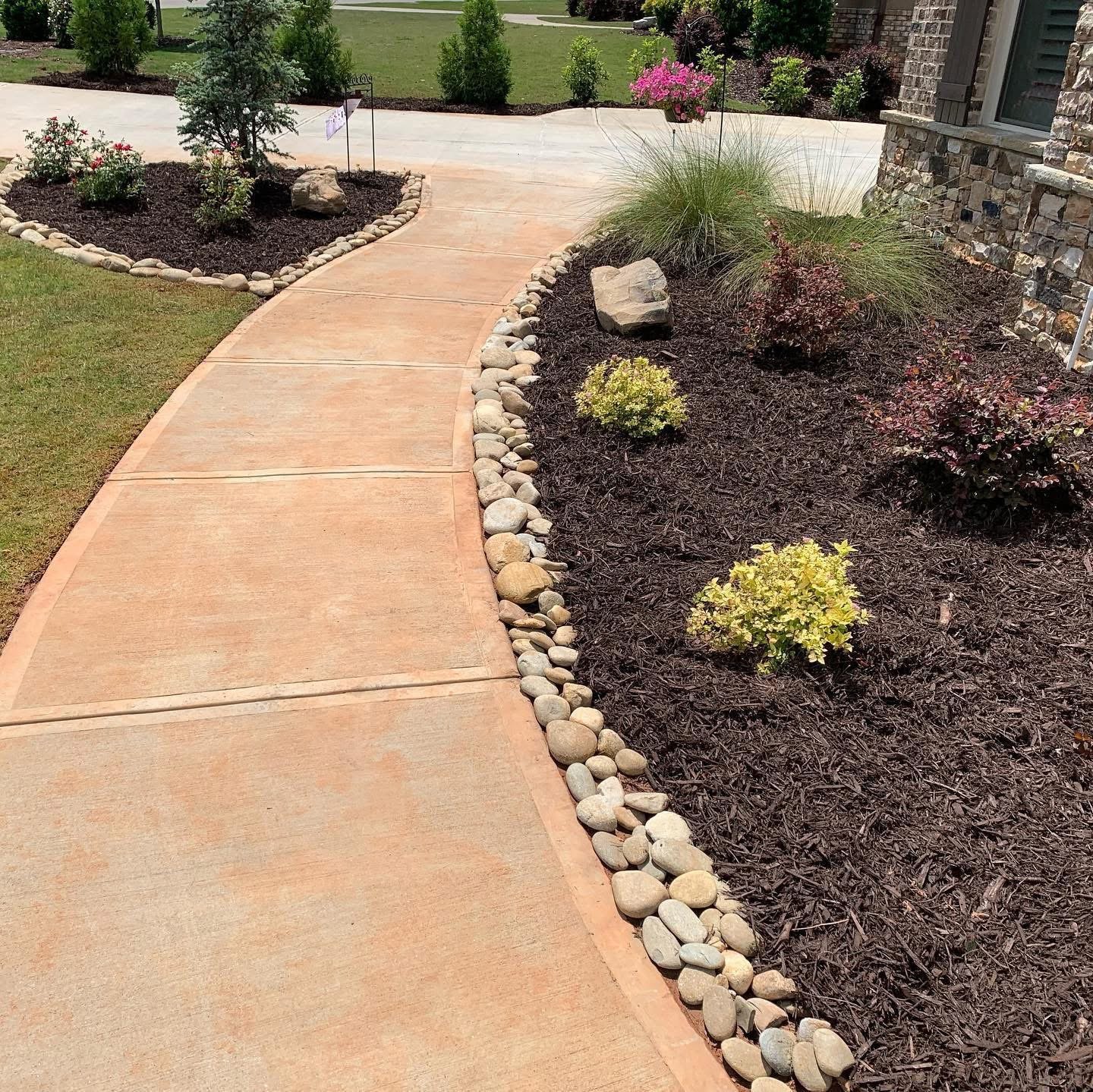 Curved concrete sidewalk next to shrubbery and a garden bed with mulch, rocks, and various plants in front of a house.