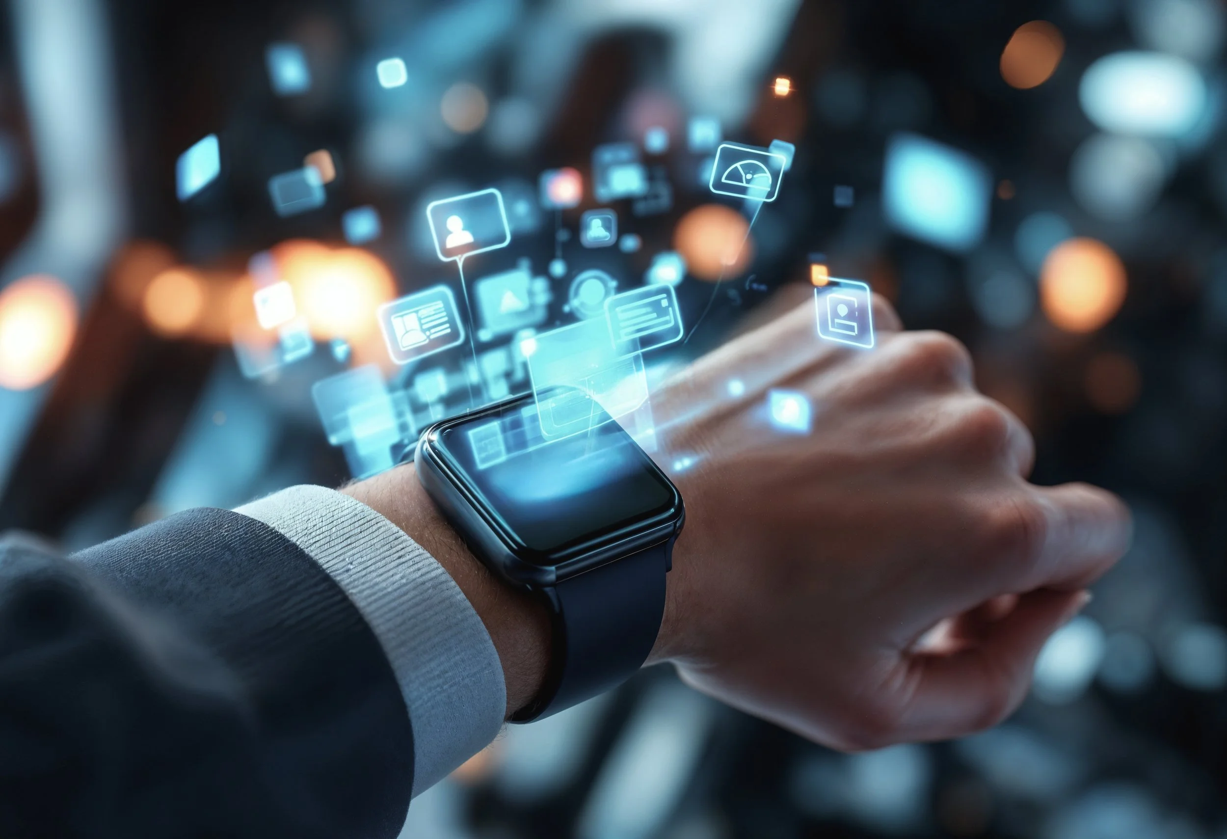 Close-up of a person's hand wearing a smartwatch, holding a smartphone with digital icons representing various applications and data overlayed, indicating technology interaction.