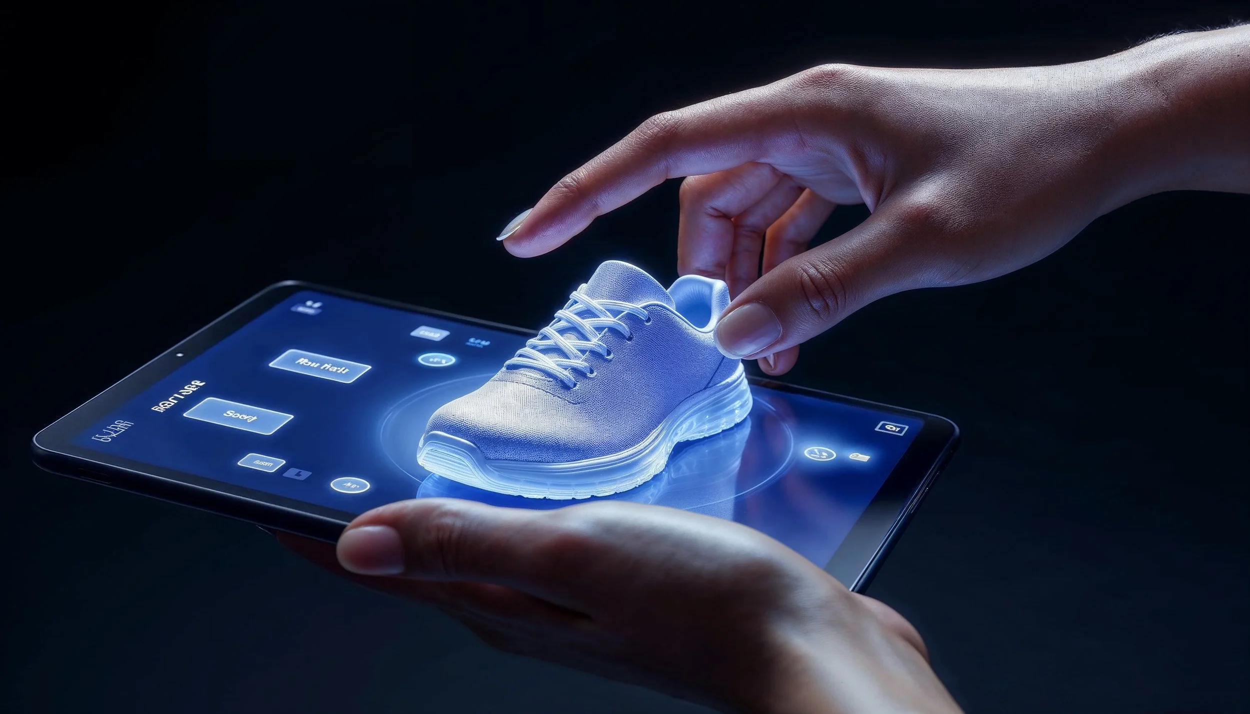 A person interacts with a virtual holographic image of a sneaker displayed on a smartphone screen, with options for customization such as 'Color,' 'Size,' 'Material,' and 'Design' visible on the screen.