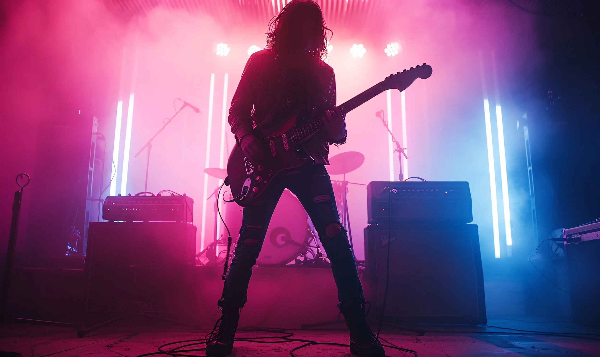 Silhouette of a female guitarist performing on stage with pink and blue neon lighting in the background, visible musical equipment, and a drum set.