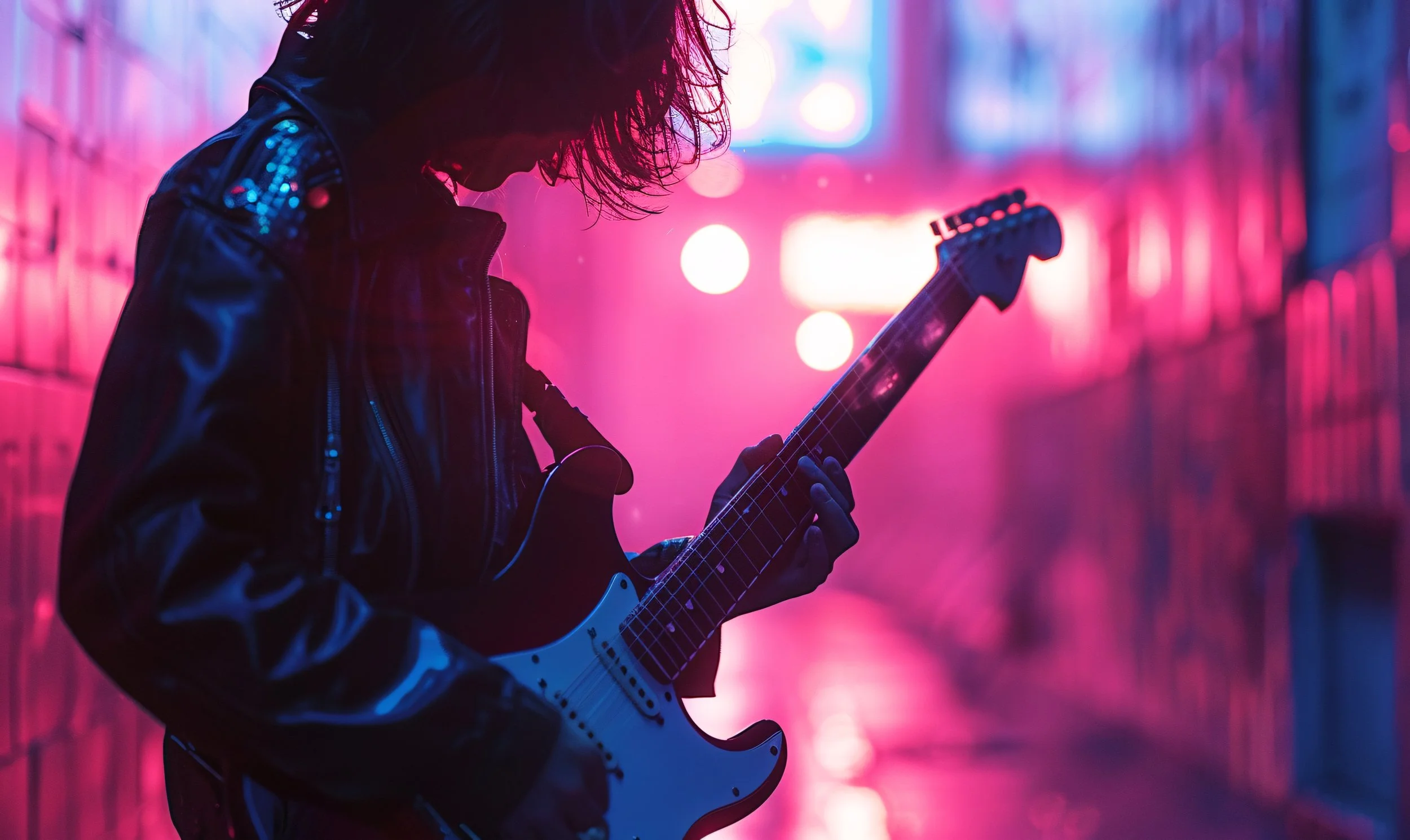 Silhouette of a person with short hair wearing a leather jacket, holding an electric guitar with a colorful background of pink, purple, and blue lights.