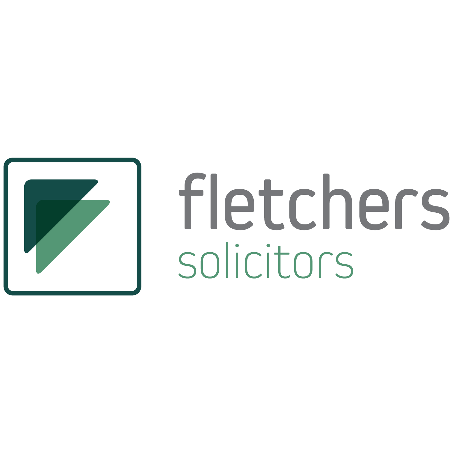 Logo for Fletcher Solicitors featuring a stylized speech bubble with two green diagonal bars and the text "fletcher solicitors" in gray and green.
