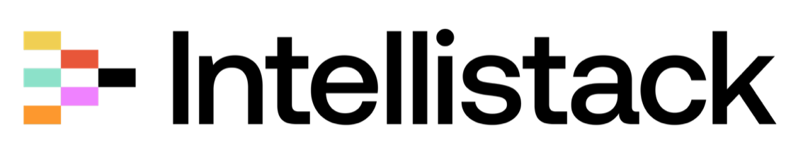Logo for Intellistack featuring colorful vertical bars and the company name in black text.