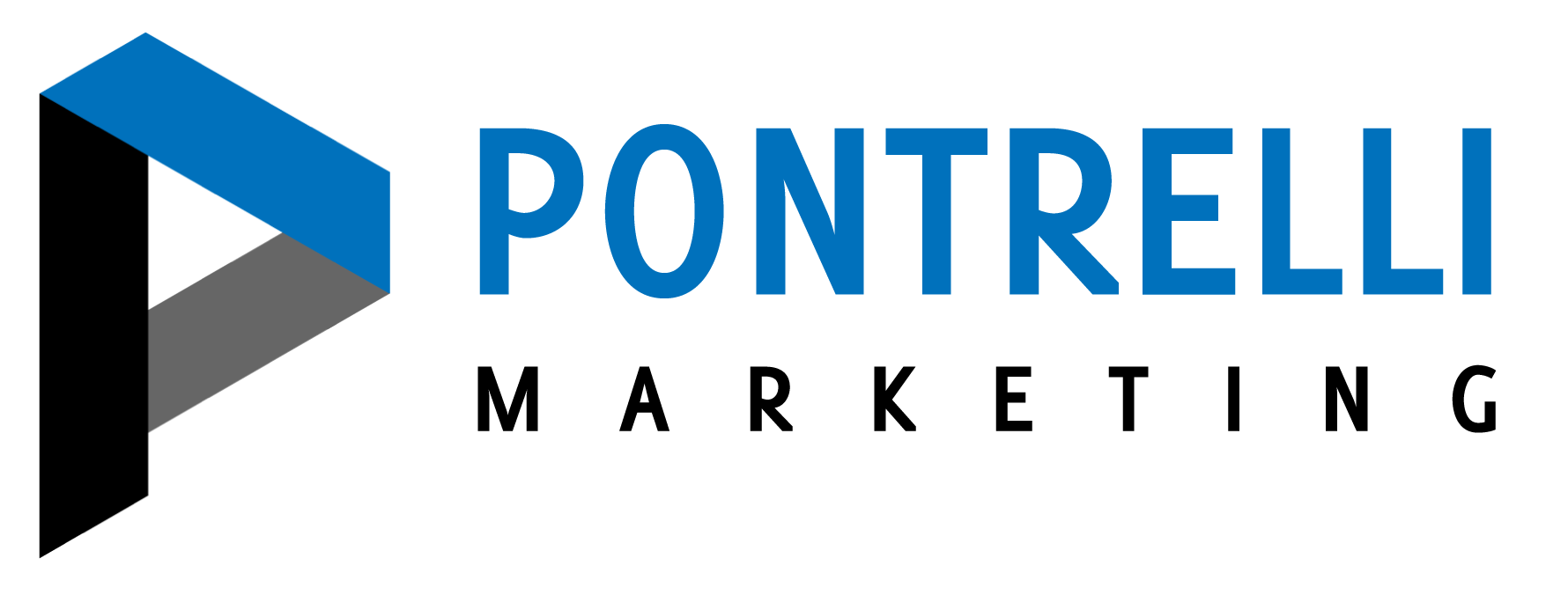 Logo of Pontrelli Marketing featuring a stylized letter P in black, grey, and blue, with the company name in blue and black text.