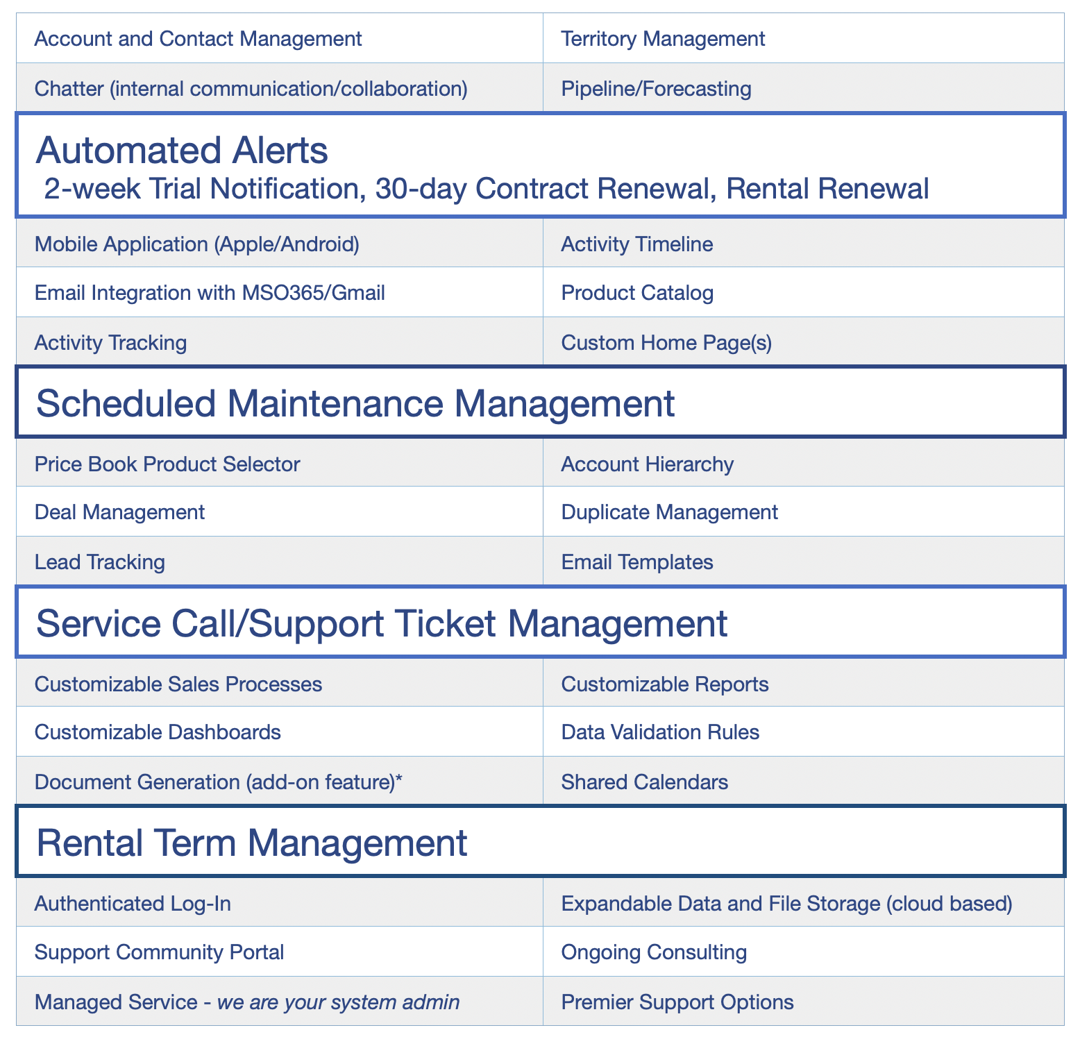 A webpage showing various management and software features organized in categories and lists, such as Automated Alerts, Scheduled Maintenance Management, Service Call/Support Ticket Management, and Rental Term Management.
