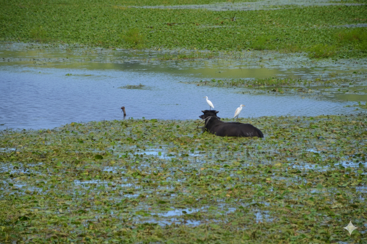Cow with two egrets resting on it