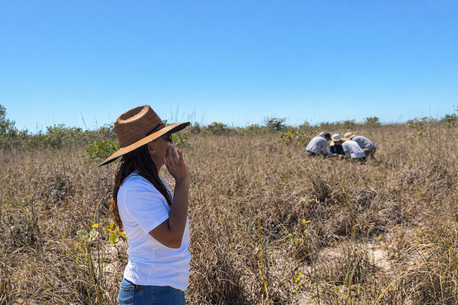 women in the field staring into the distance while people work in the background