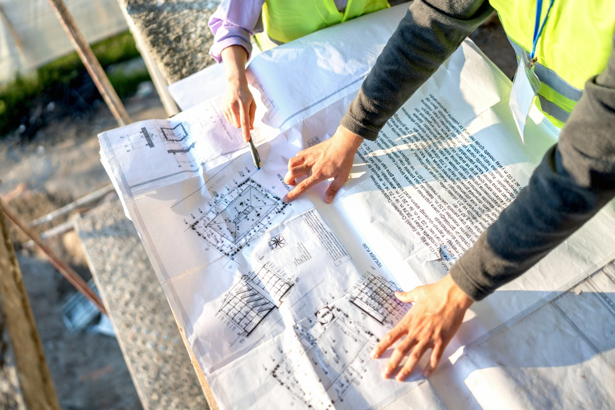 Two construction workers review building blueprints laid out on a table outside at a construction site.