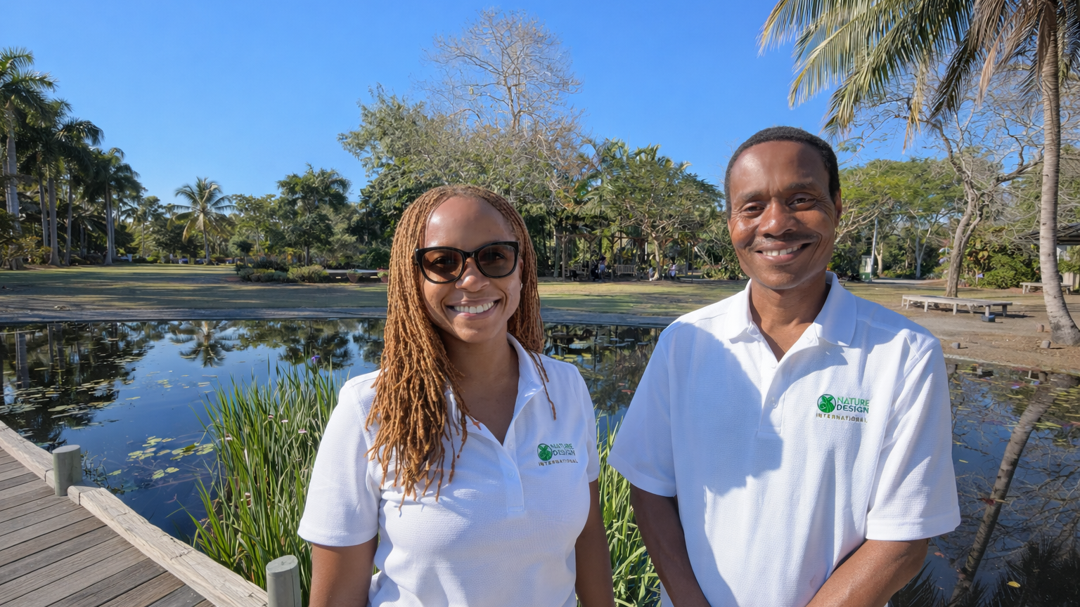 two people stand by a pond in a garden