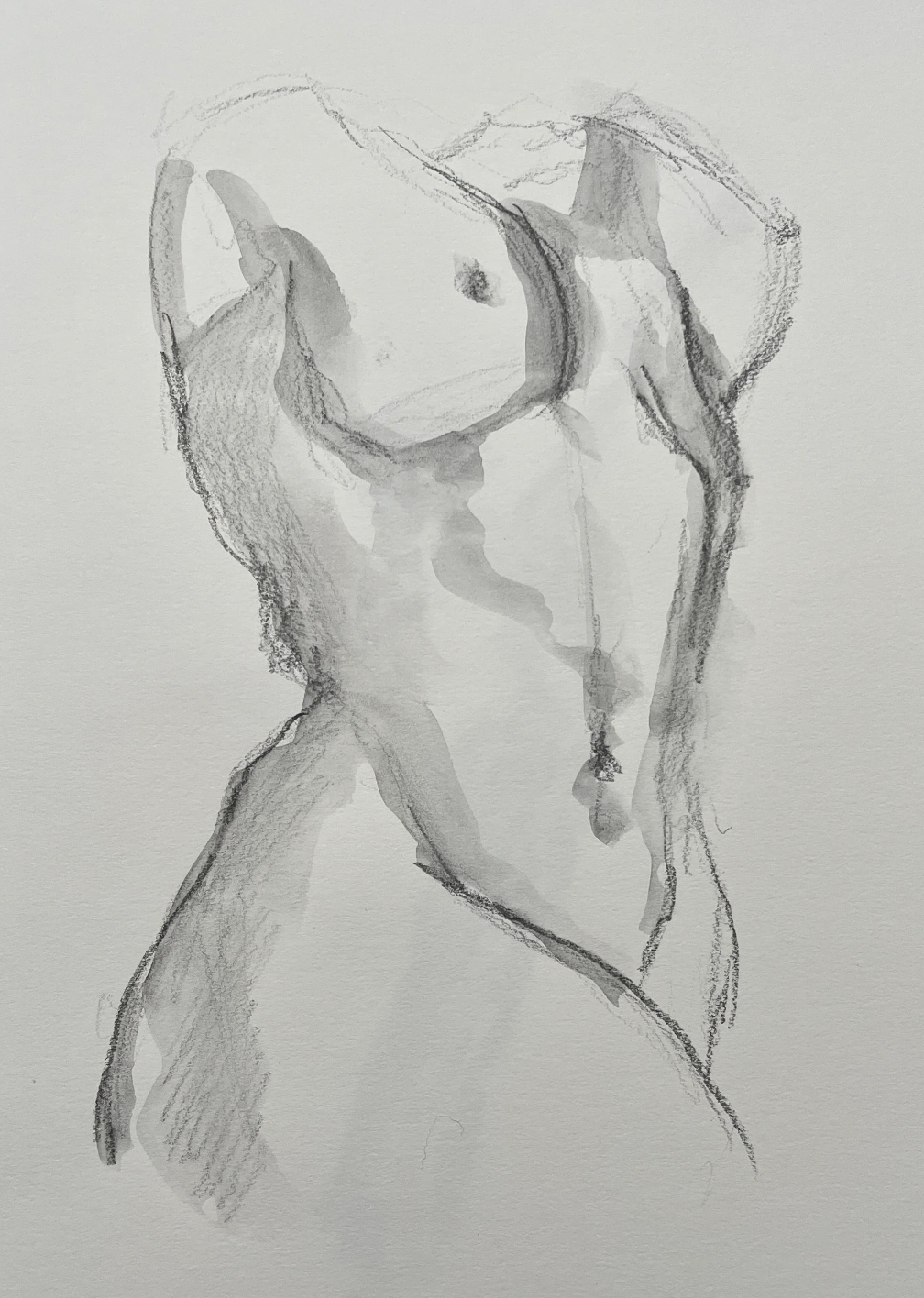 A grayscale sketch of a woman’s partial nude body, focusing on the torso and hips, with light shading and loose pencil strokes.