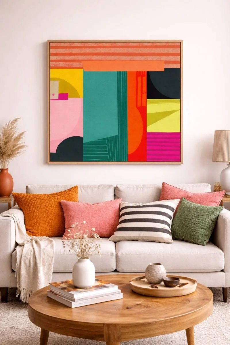 Geometric abstract art print by Mackenzie Graham hanging above beige sofa in modern living room, featuring bold colors including teal, orange, pink, yellow, and coral stripes in wood frame