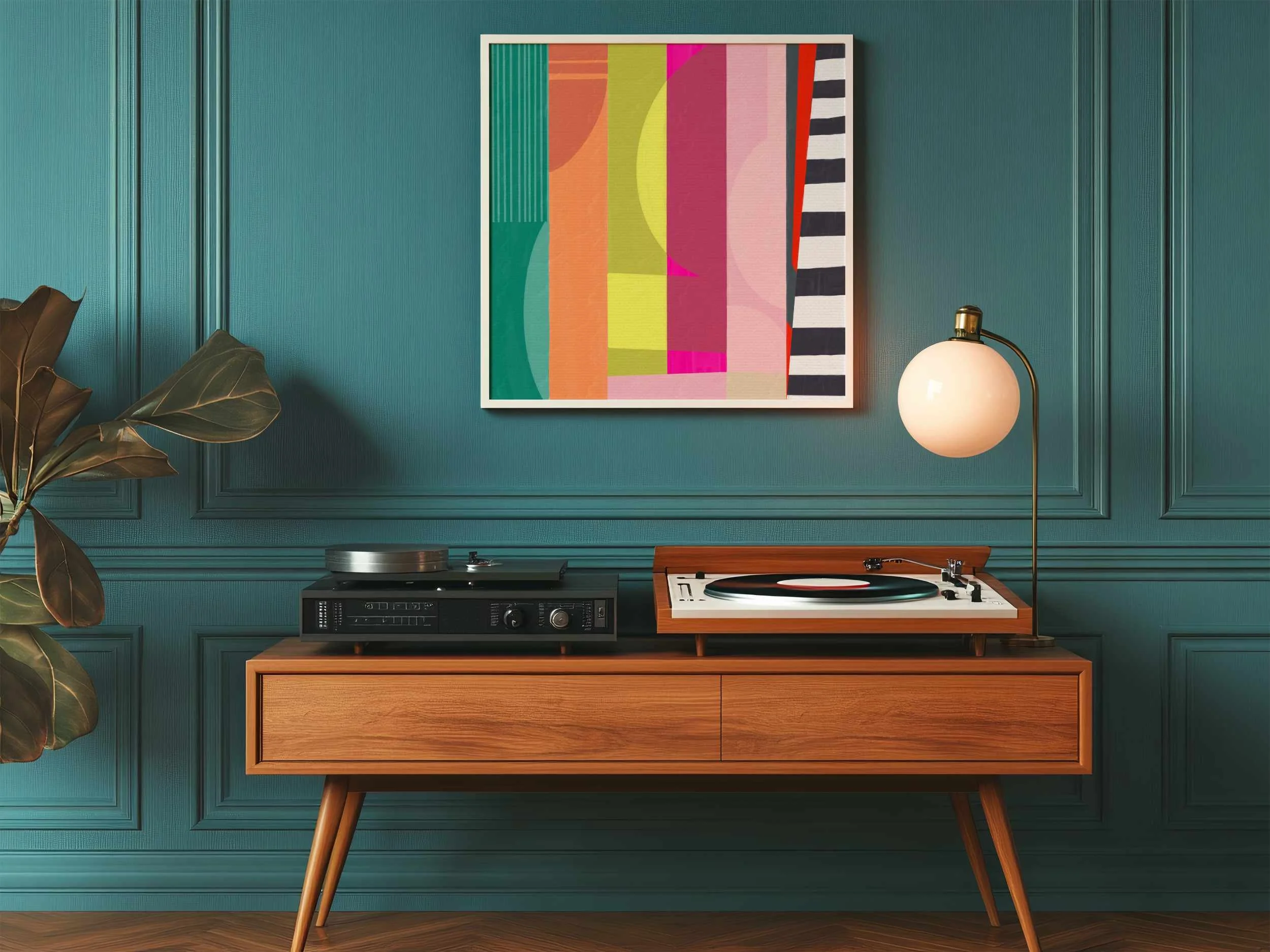 Bold geometric abstract art by Mackenzie Graham in modern interior, featuring vibrant vertical colour blocks in teal, coral, chartreuse, magenta, and pink with organic curves and striped accents