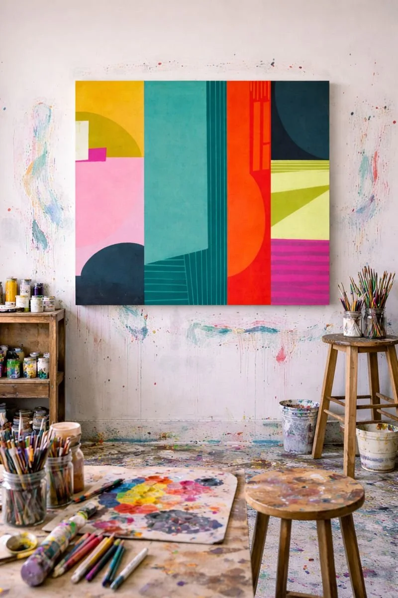 abstract art piece hanging an the wall of an art studio with paint spattered floor, paint brushes, paints, and pencils in jars.