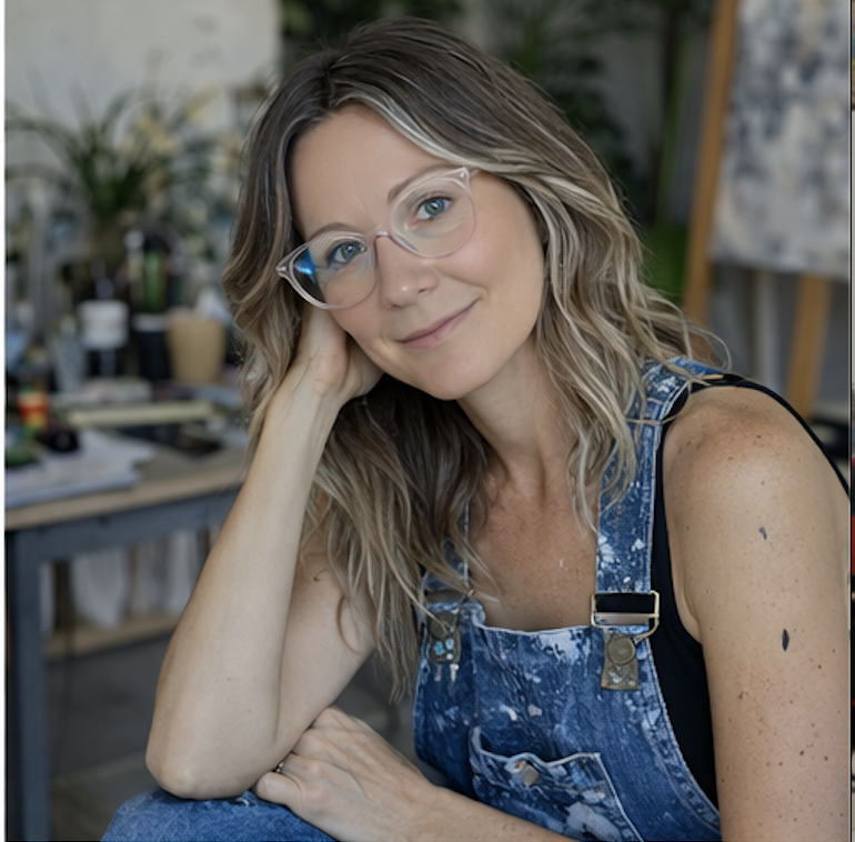 Portrait of a woman with glasses and wavy hair, smiling and resting her head on her hand in an artist's studio