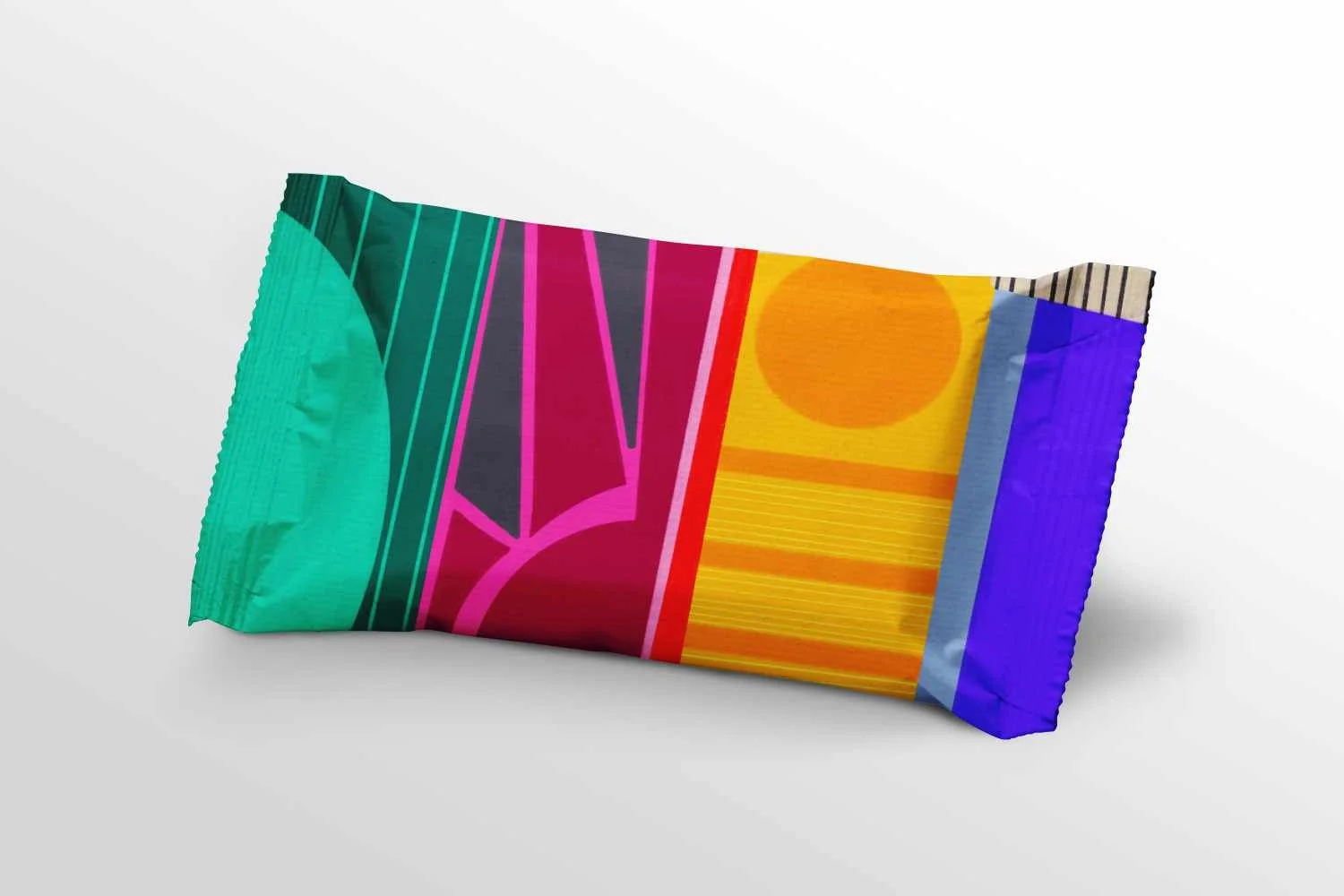 Colorful wrapped candy with abstract geometric and sun design.