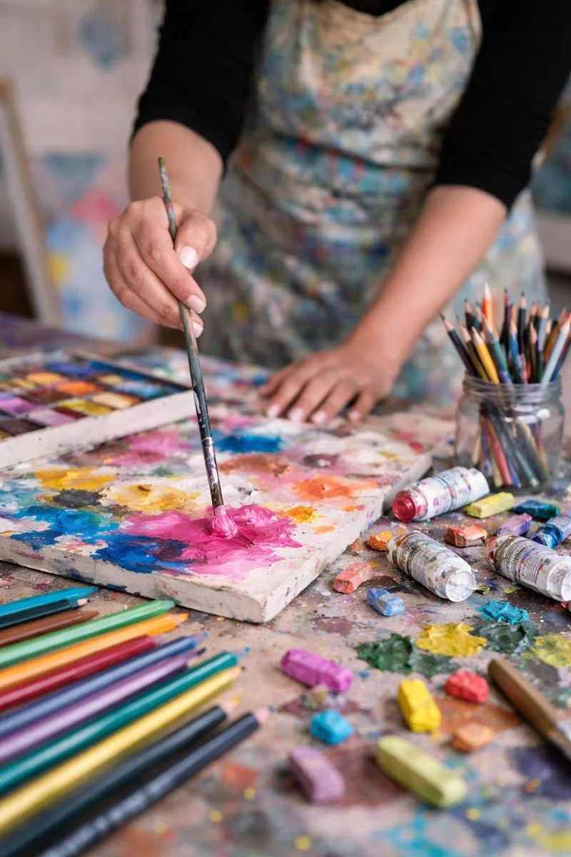 Person using a paintbrush to apply pink paint on a colorful abstract painting on a canvas. The workspace is filled with various paint tubes, colored pencils, and art supplies.