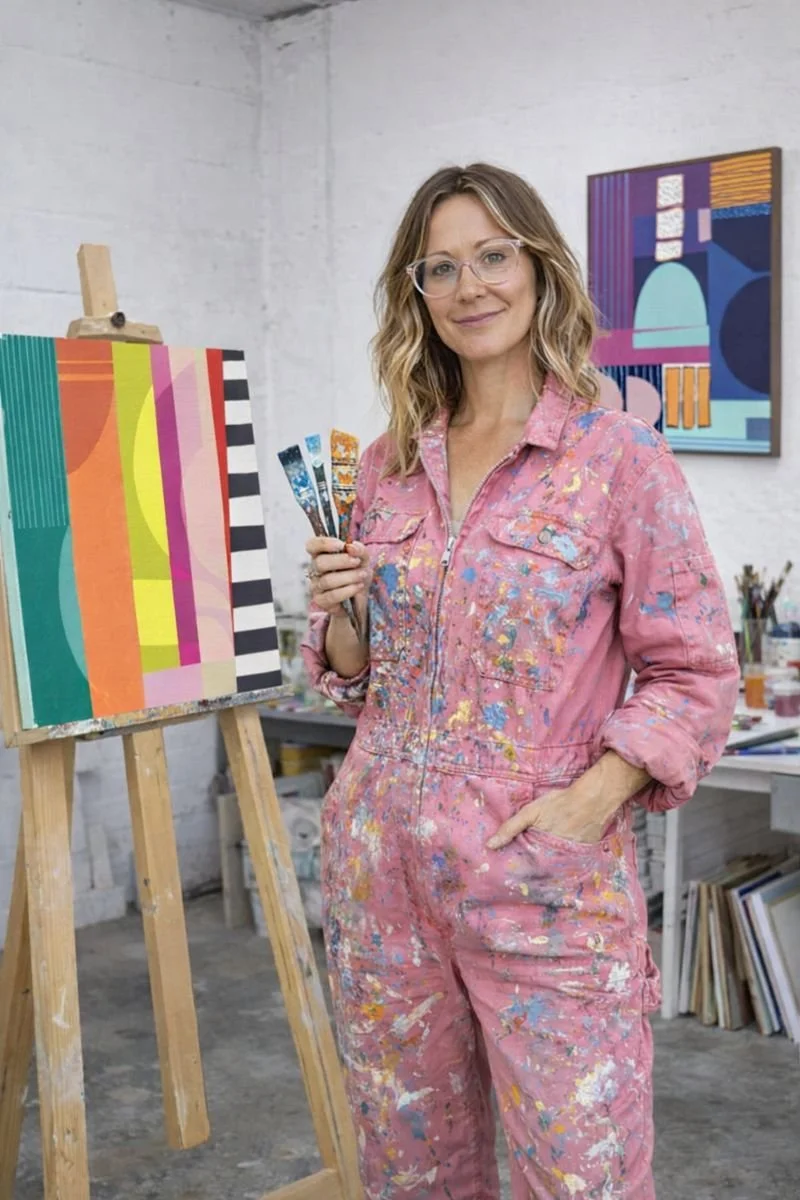 A woman in pink paint-splattered overalls standing next to a colorful abstract painting on an easel, holding paintbrushes in an art studio.