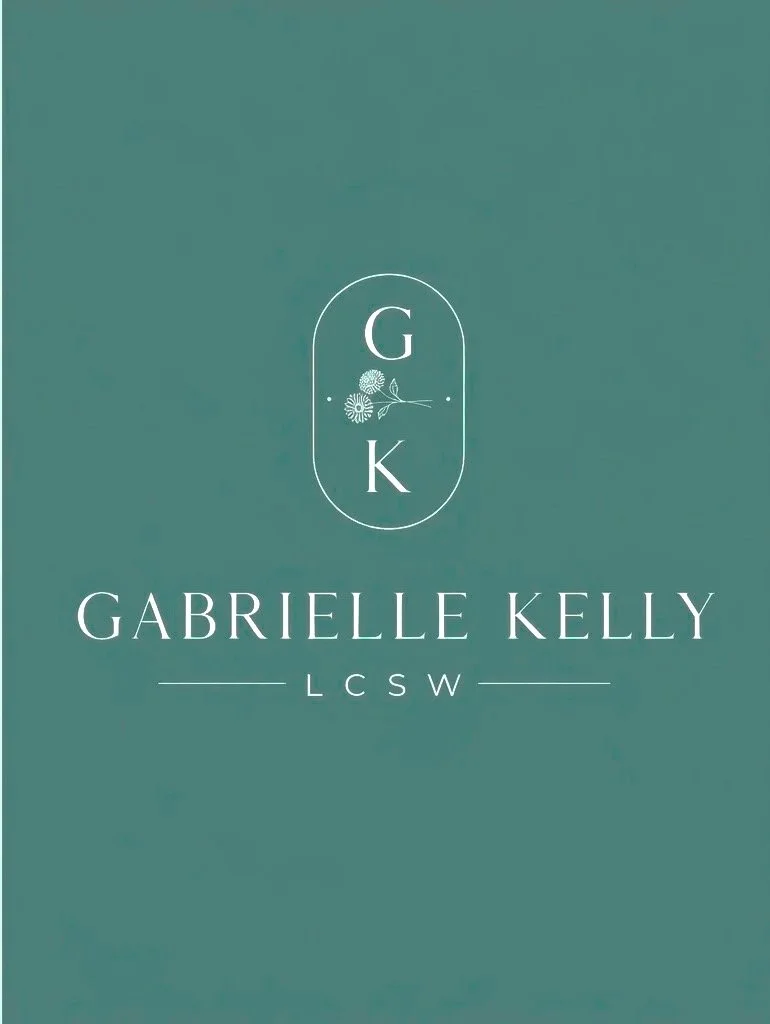 Business card design for Gabrielle Kelly, LCSW, with initials G K in a circle and floral embellishments on a teal background.
