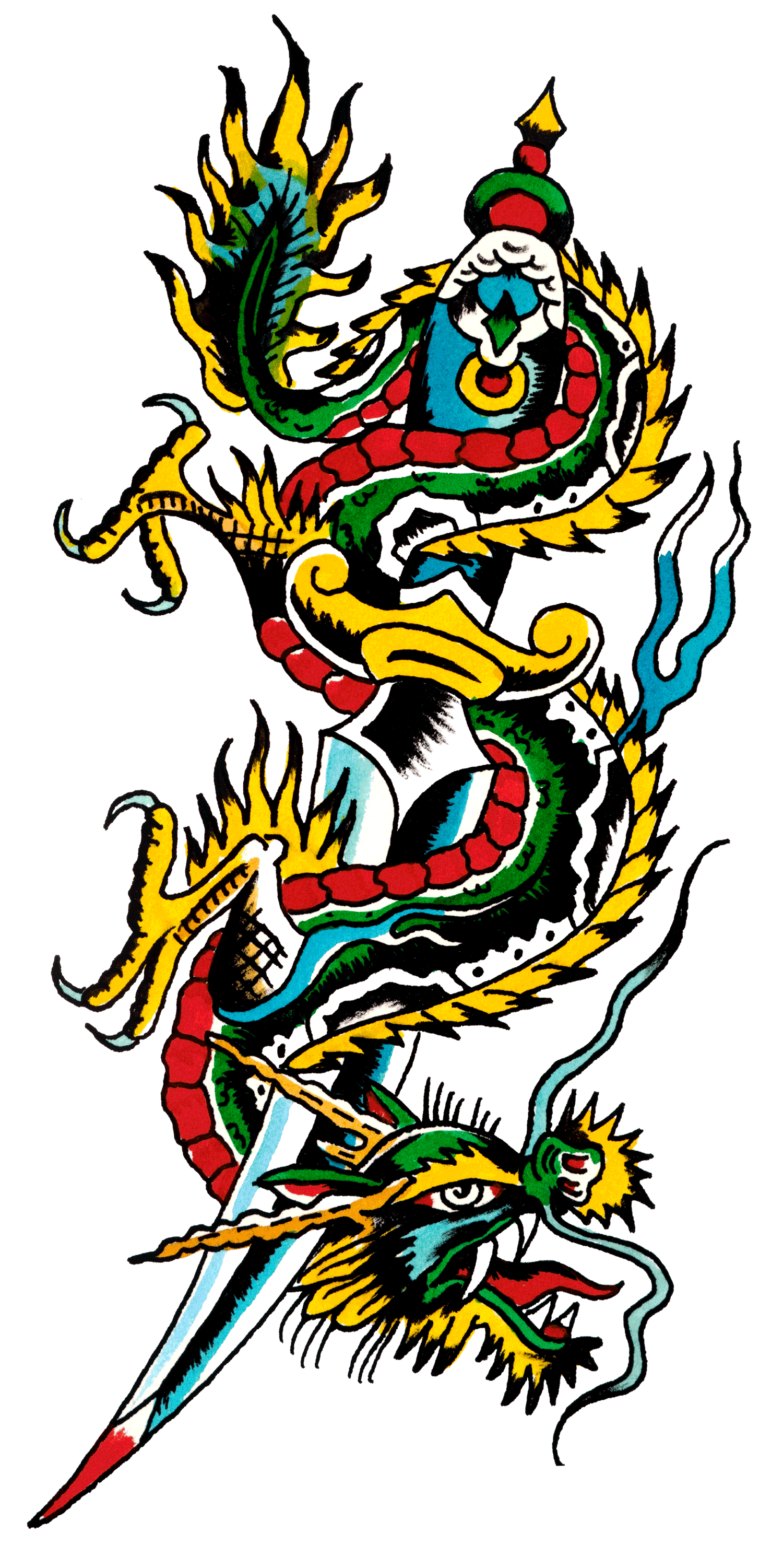 Colorful traditional dragon tattoo design with red, yellow, green, blue, black, and white details on a black background.