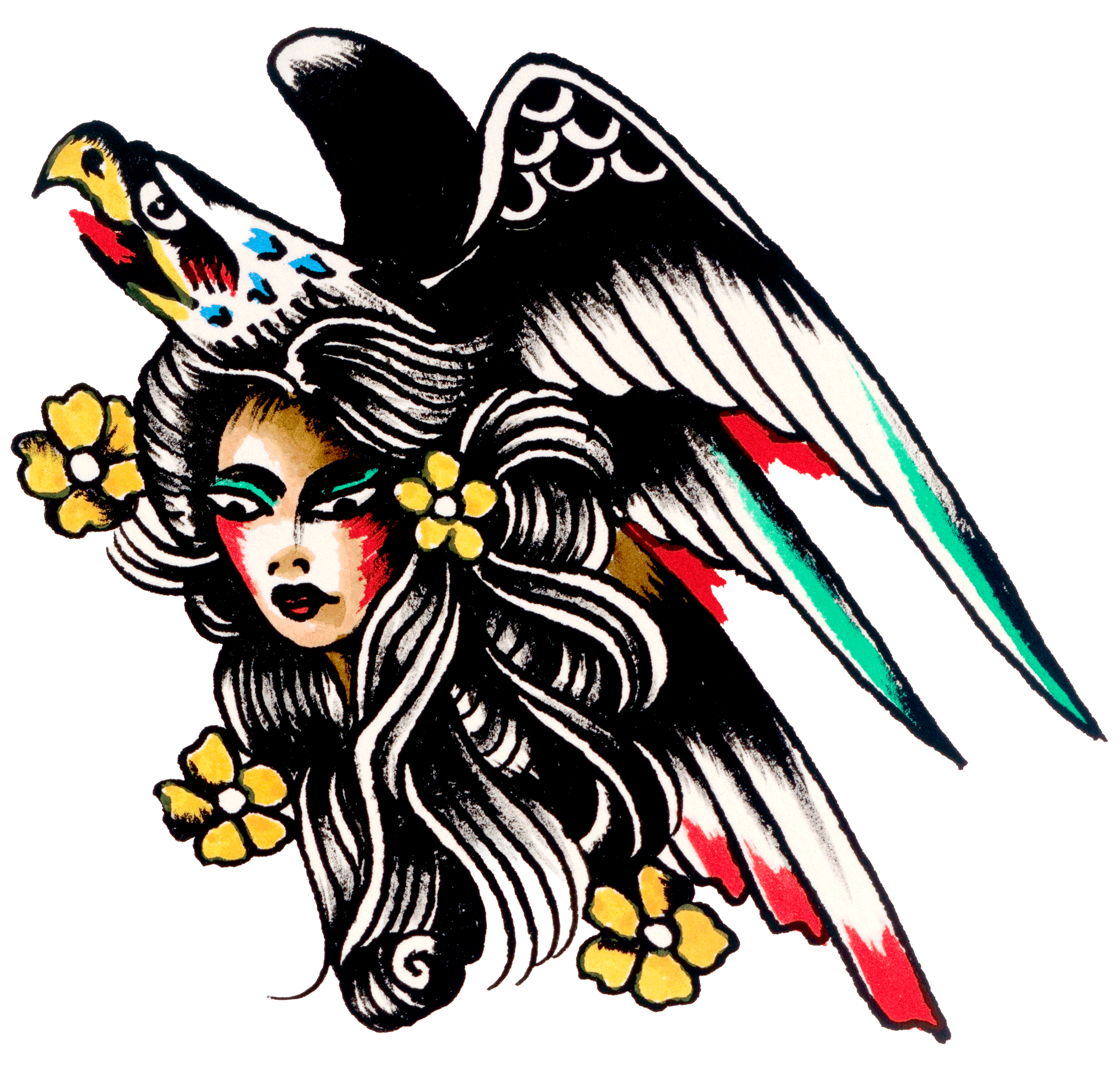 Tattoo-style art of a woman with long flowing black hair, adorned with yellow flowers, and a large bird with colorful wings on her head.