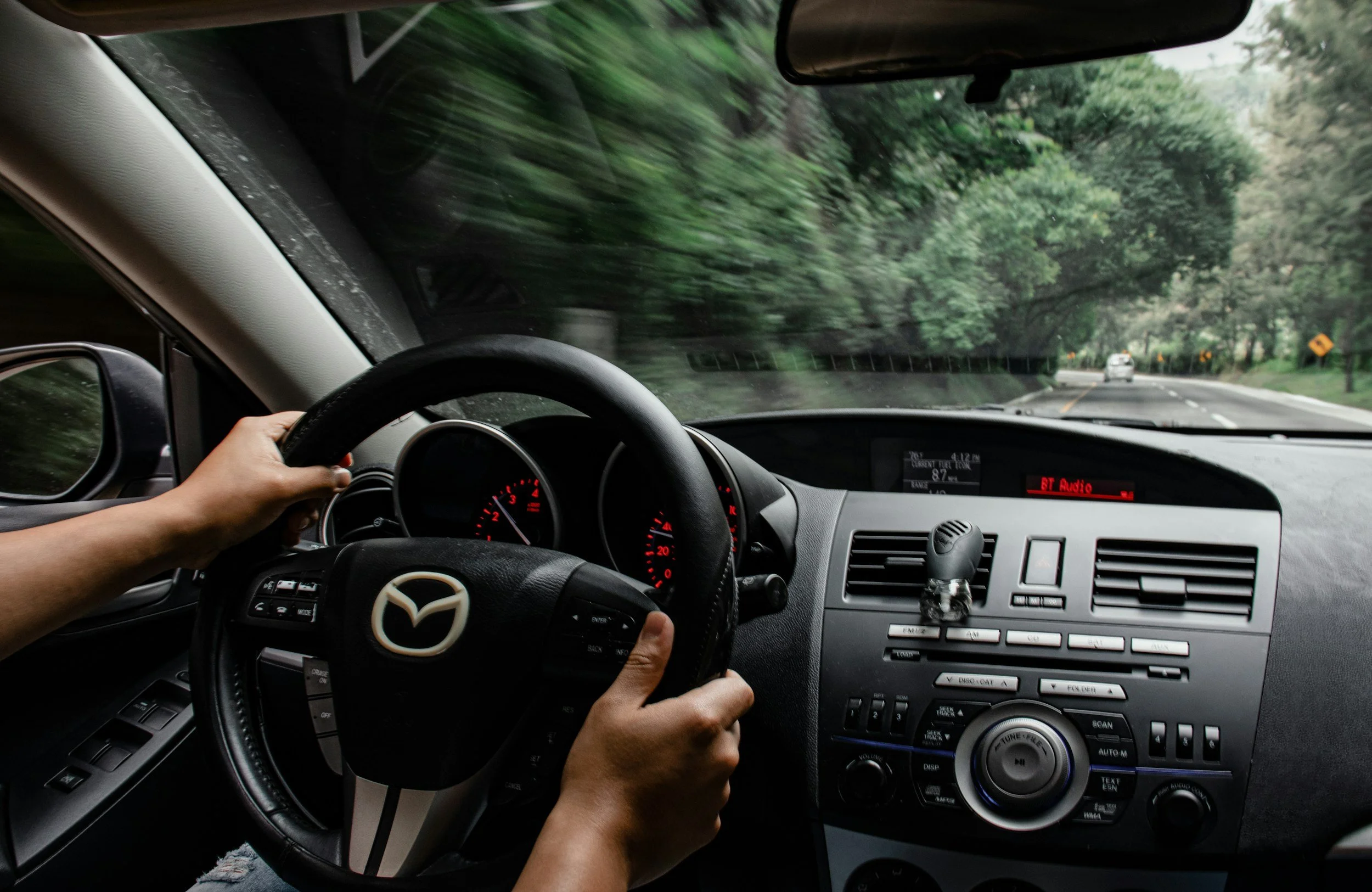 Interior of a car with hands on the steering wheel, driving on a road surrounded by greenery and trees.