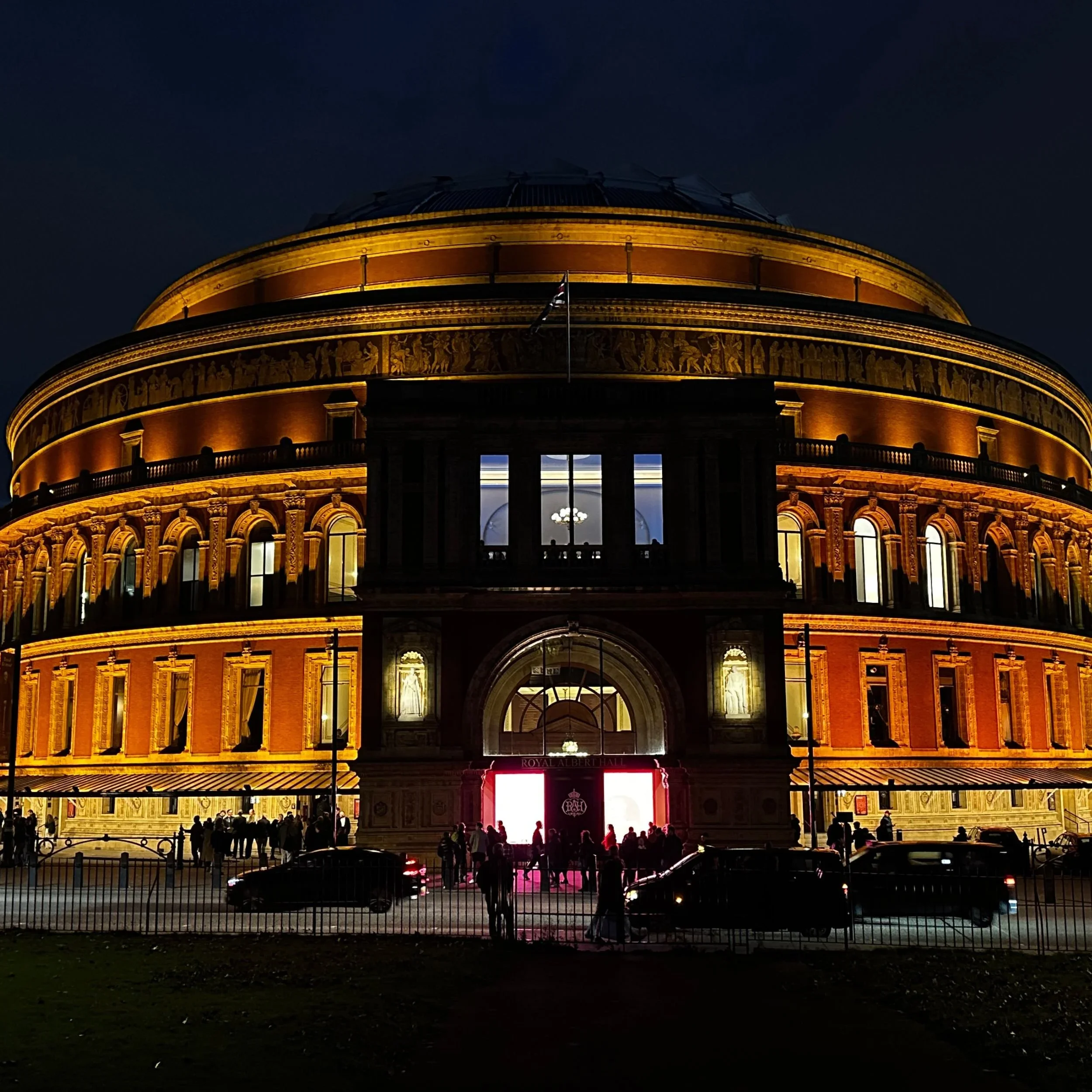 The Royal Albert Hall lit up at night