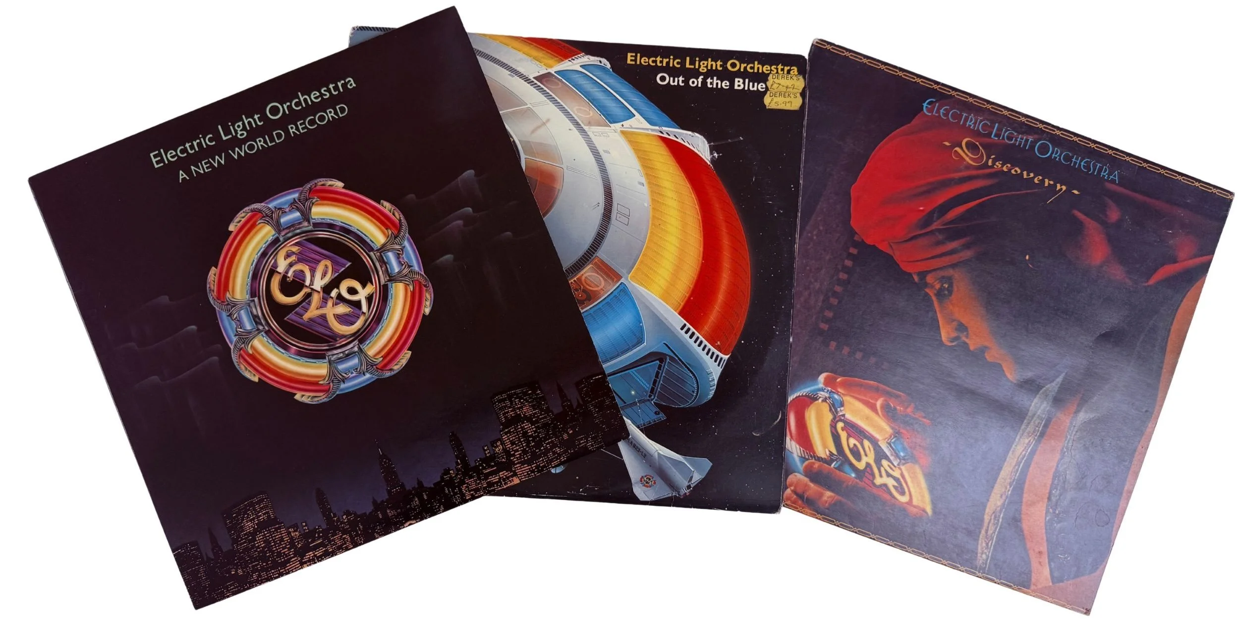Three classic Electric Light Orchestra vinyl album sleeves displayed together: A New World Record (1976), Out of the Blue (1977), and Discovery (1979)