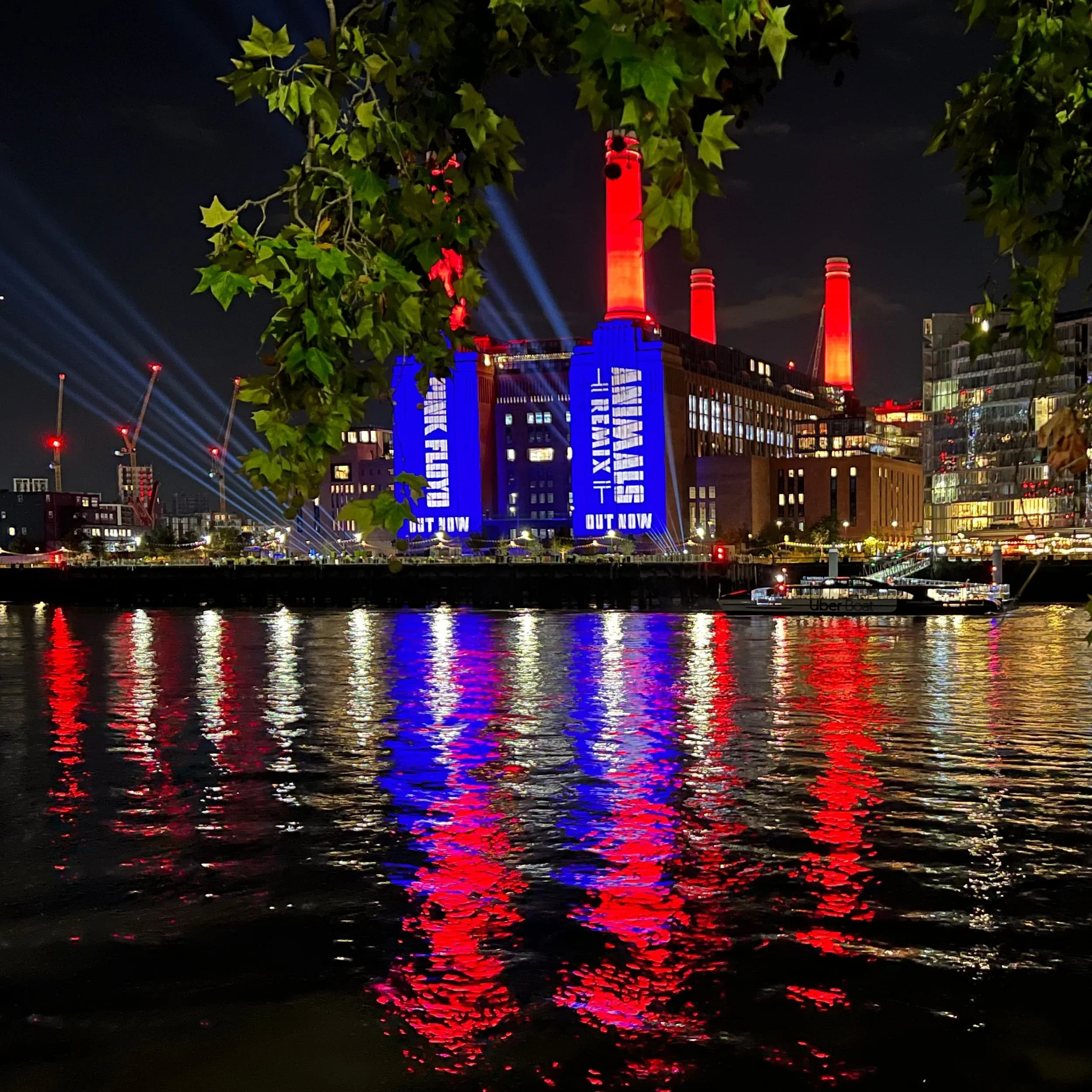 Battersea Power Station lit up for the Animals Redux promotion