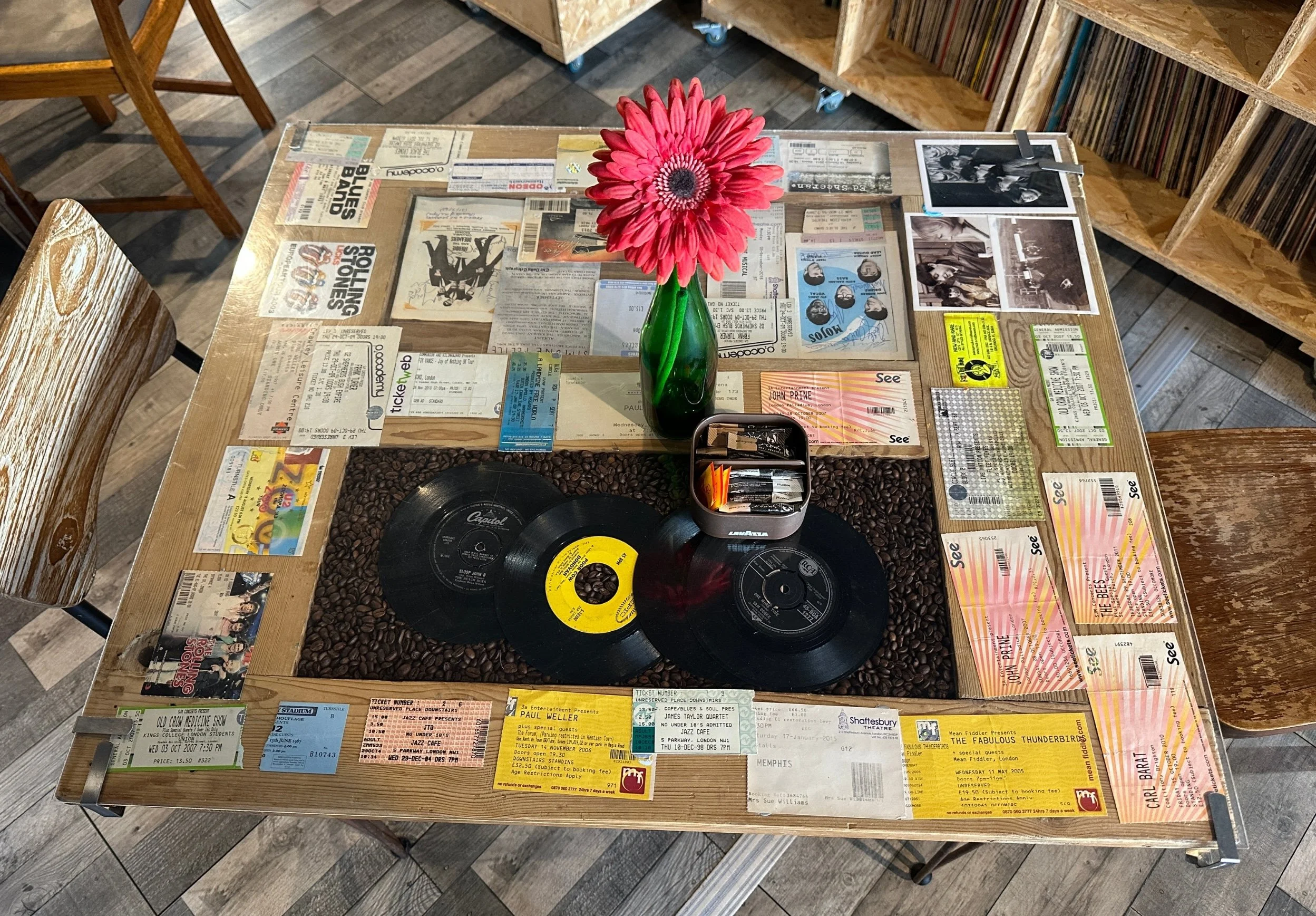 Coffee Tables with Ticket Stubs at Sounds & Grounds Isle of Wight