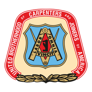 Emblem of the United Brotherhood of Carpenters and Joiners of America, featuring a compass, square, and banners with Latin motto and organization name.