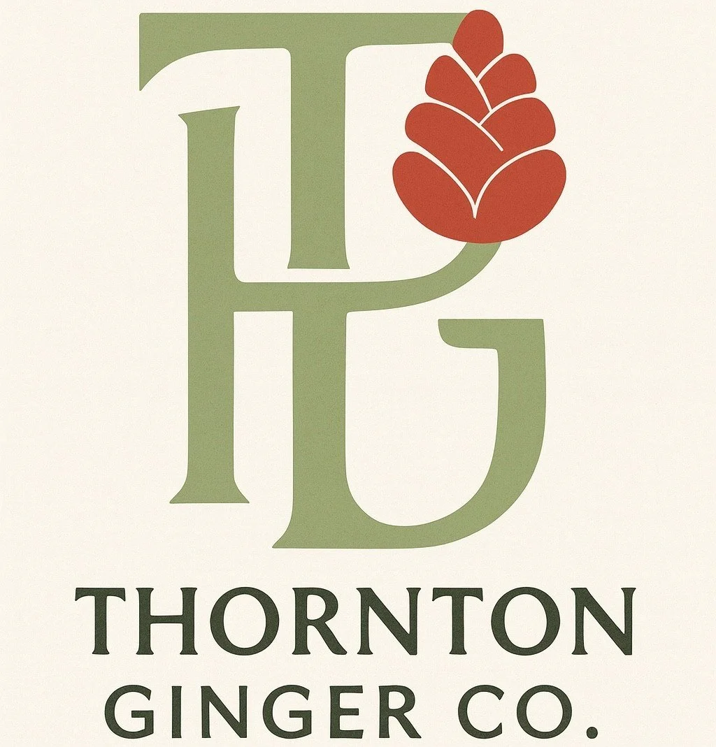 Logo for Thornton Ginger Co. with stylized green initials 'T' and 'G', and a red pine cone graphic.
