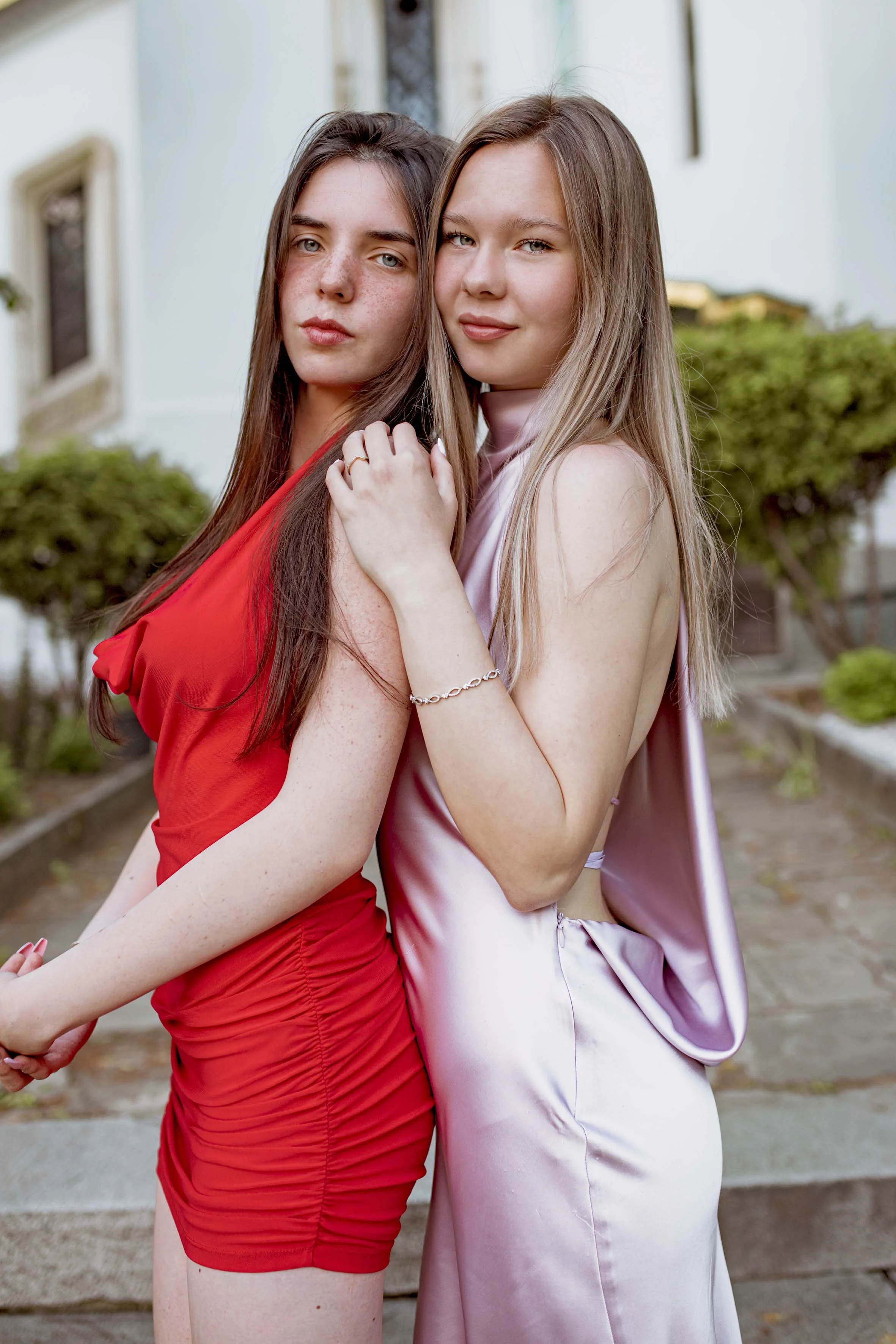 prom girls  beautiful satin dress in purple and red