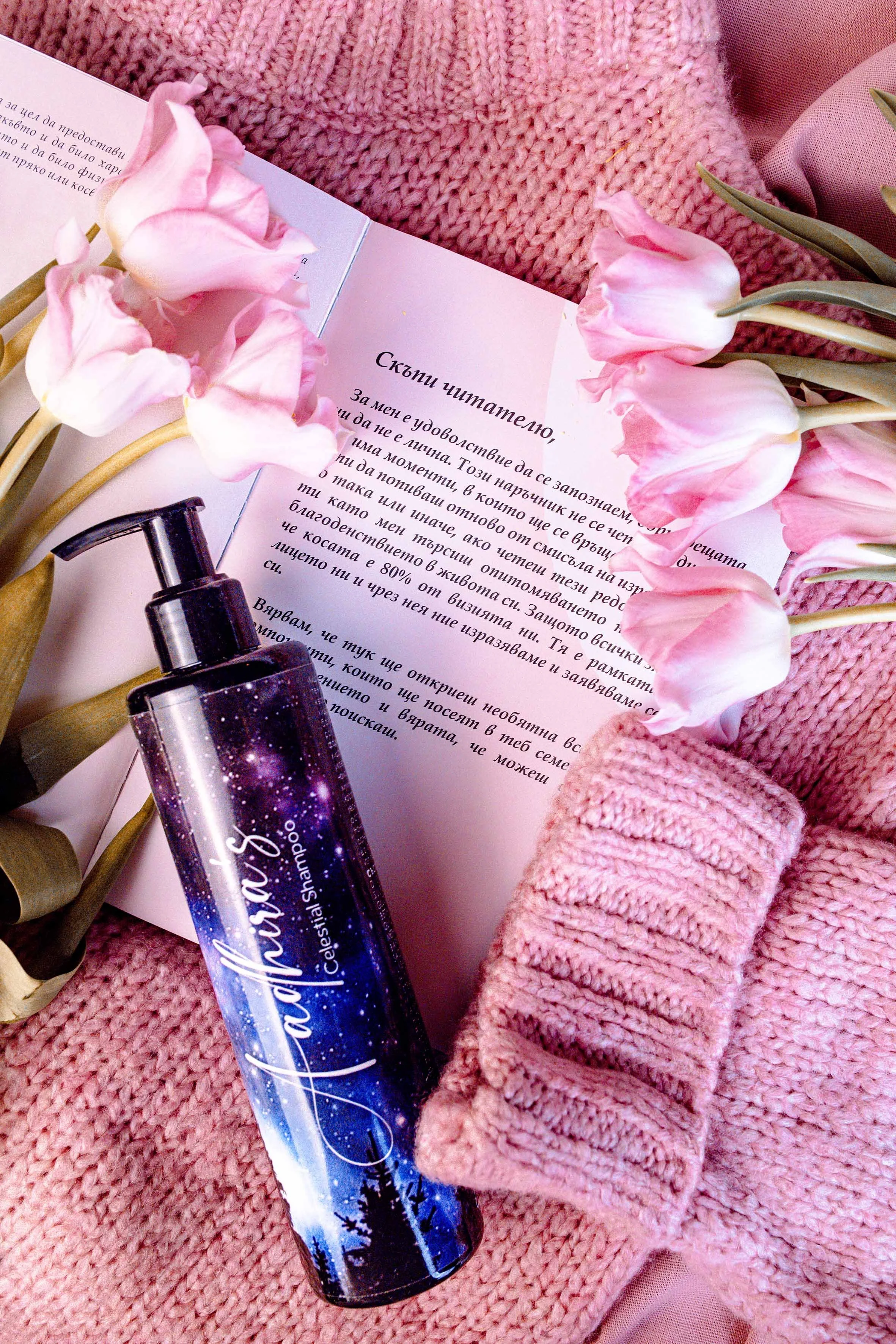 professional cometics photoshoot shampoo with flowers tulips