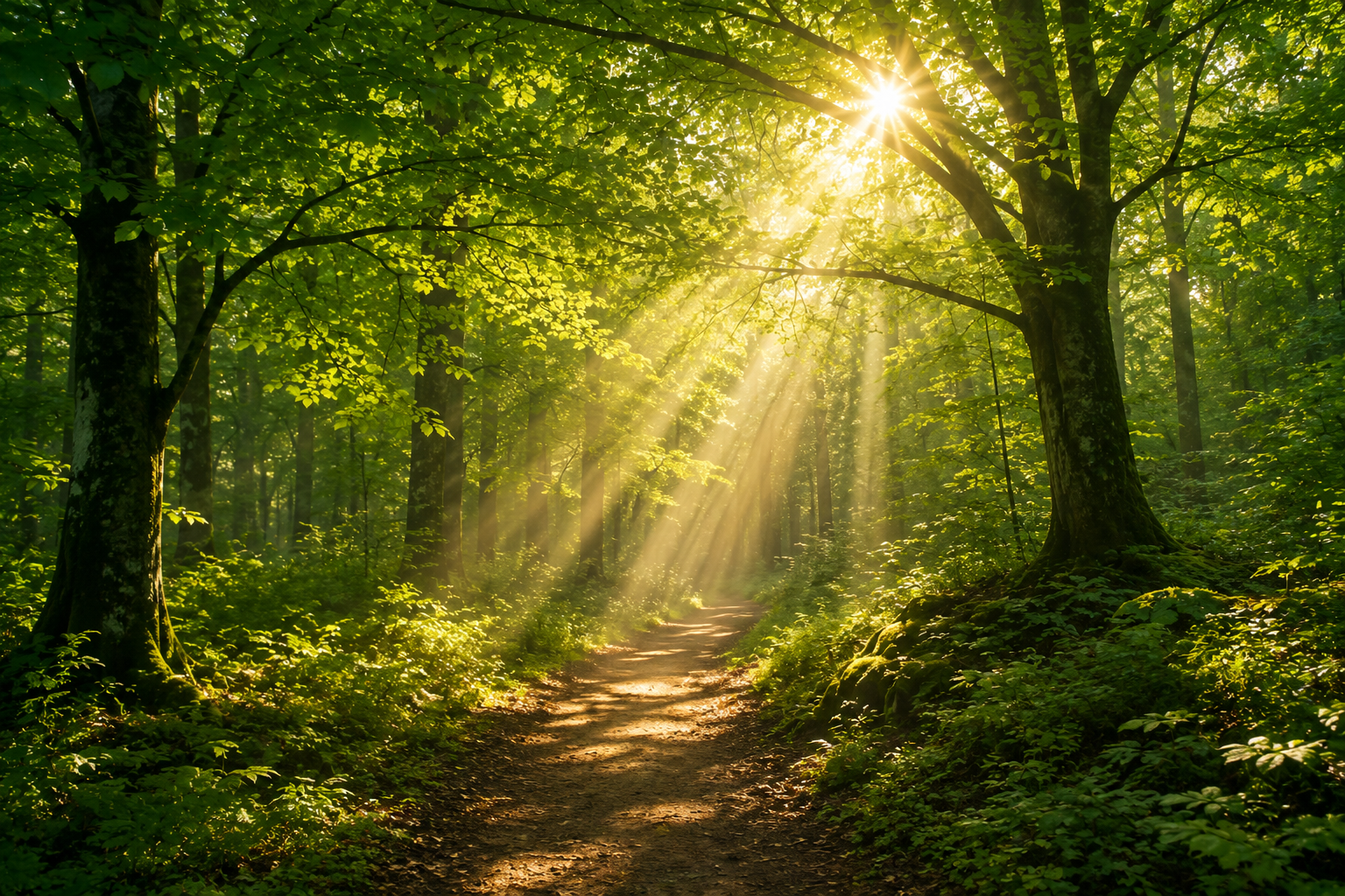 Sunlight filtering through the green leaves of tall trees along a dirt forest path.