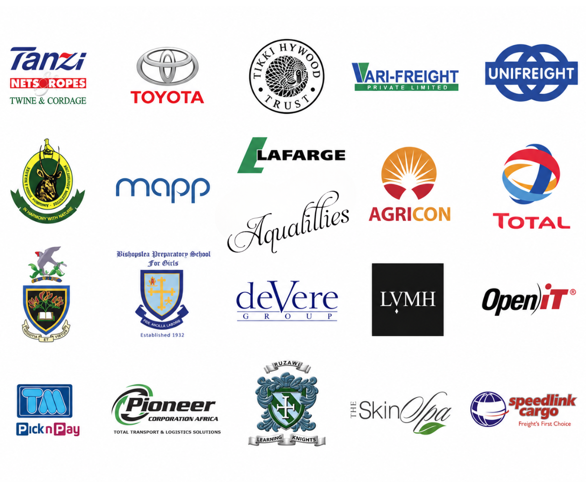 A collection of various company logos arranged in a grid pattern on a white background.