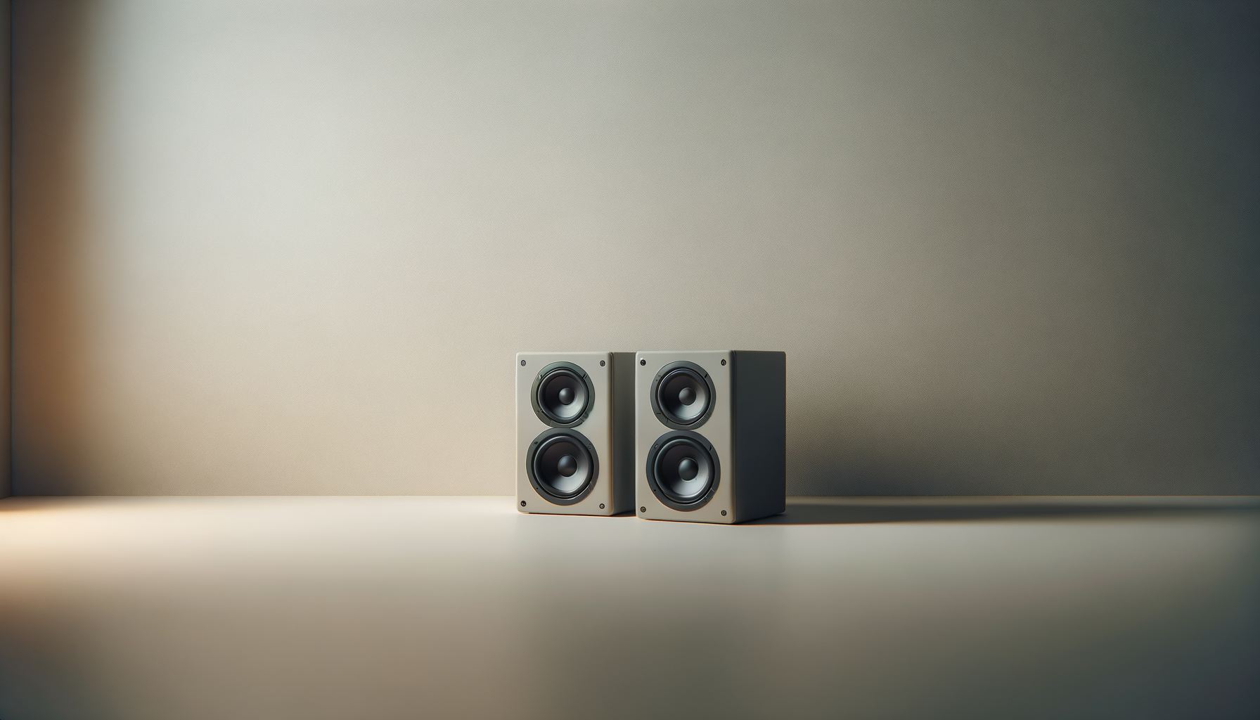 Two beige and black bookshelf speakers on a white surface against a plain, light-colored wall under soft lighting.