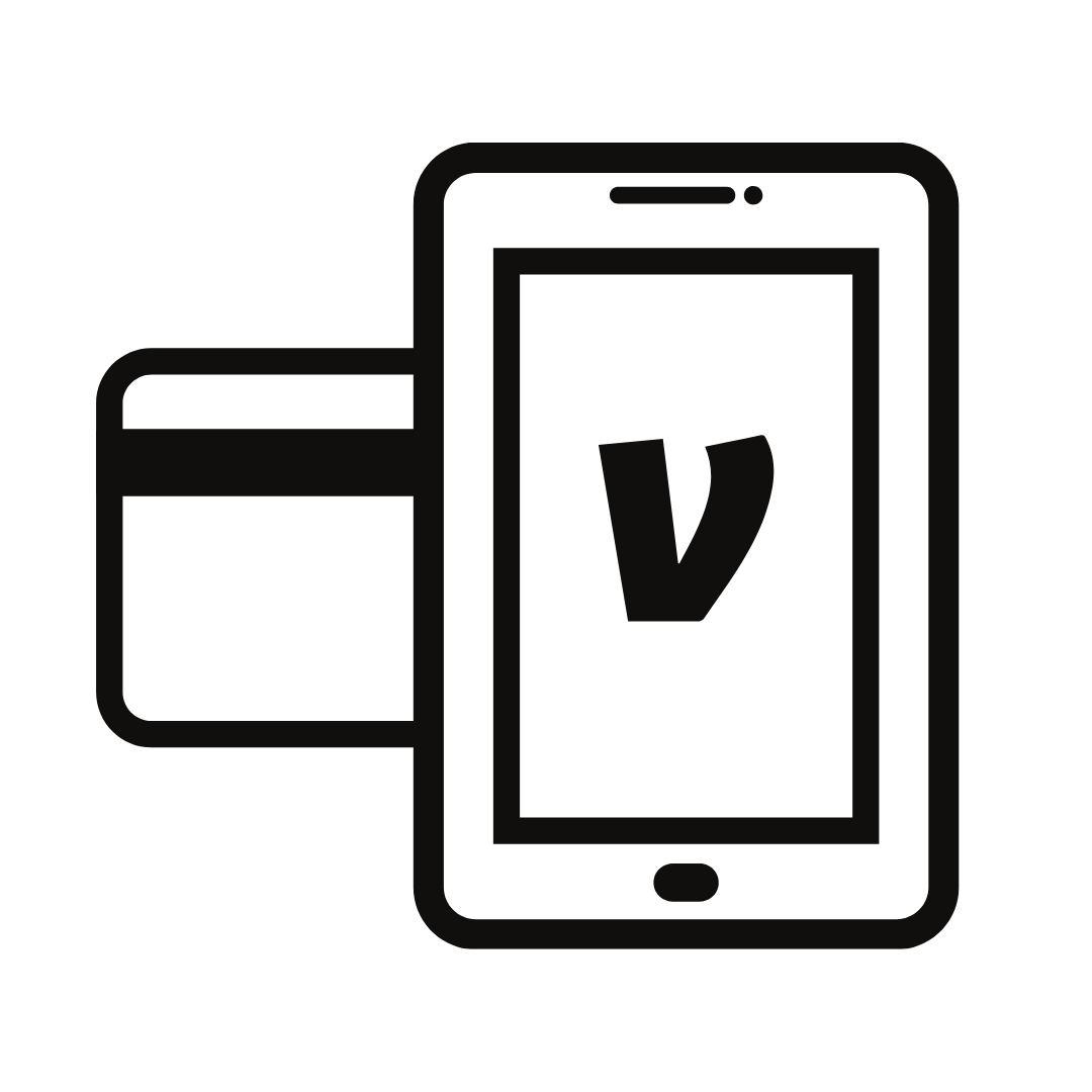 Icon of a smartphone with a credit card and a checkmark on the screen, indicating mobile payment.