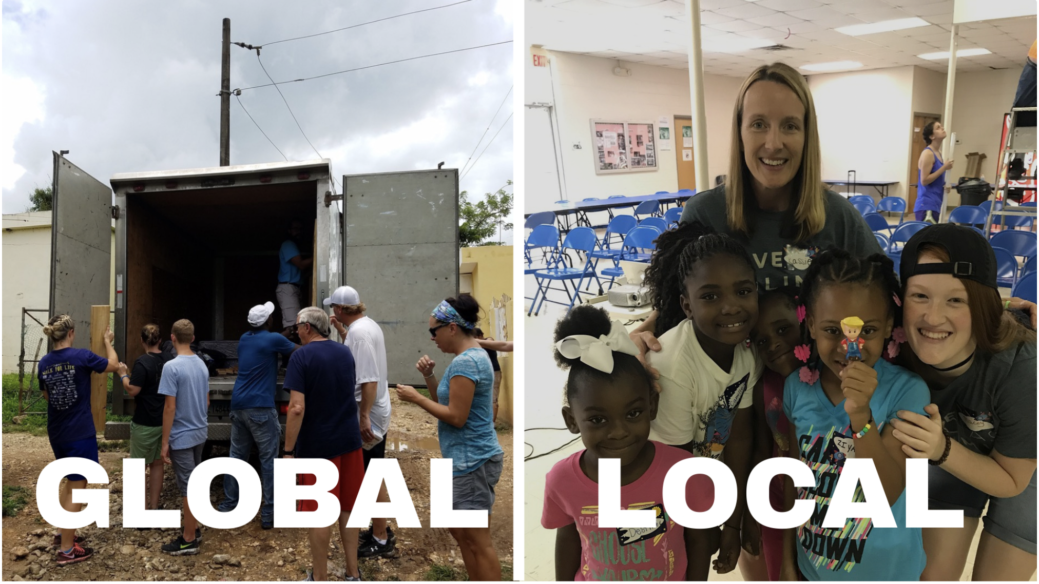 Left side: People unloading a truck outdoors. Right side: A group of smiling children and women indoors, posing for a photo in a room with blue chairs.