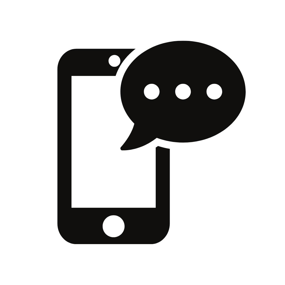 An icon of a smartphone with a speech bubble containing three dots, representing messaging or chat.