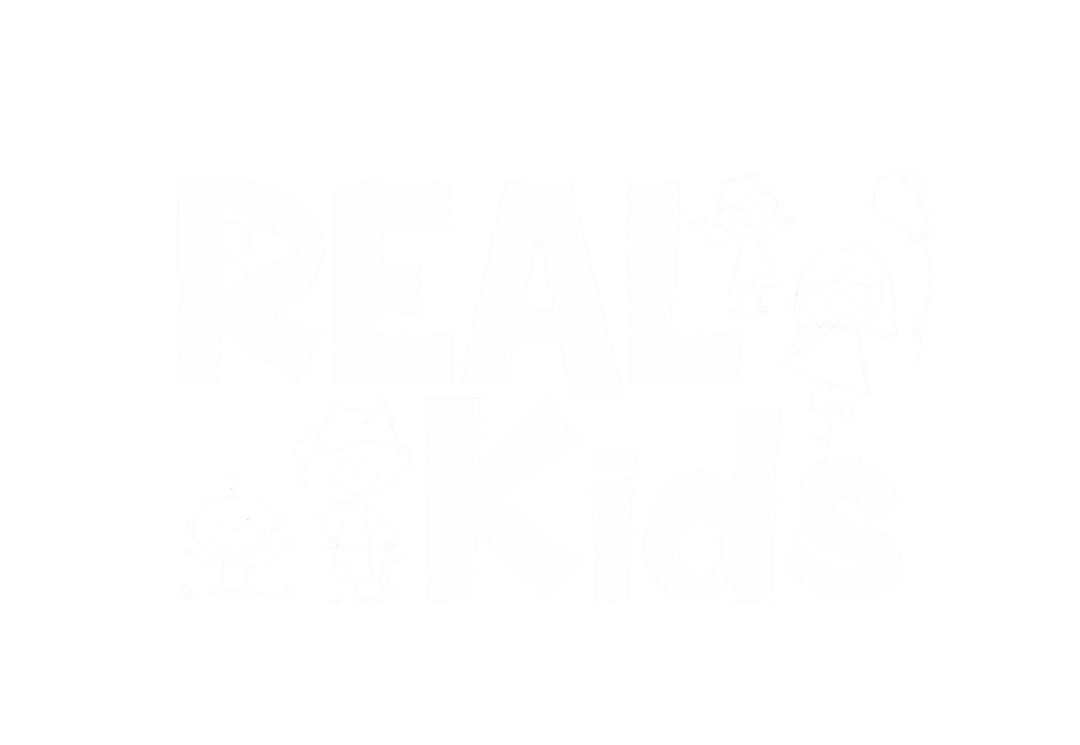 The text 'Real Kids' in large white letters on a black background, surrounded by white line drawings of children playing and smiling, some holding balloons and skateboarding.