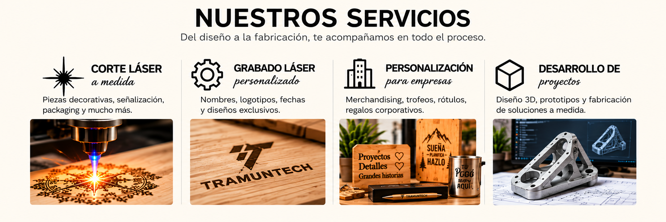 Sección que describe los servicios de la empresa, incluyendo corte láser, grabado láser, personalización y desarrollo de proyectos, con imágenes correspondientes a cada servicio.