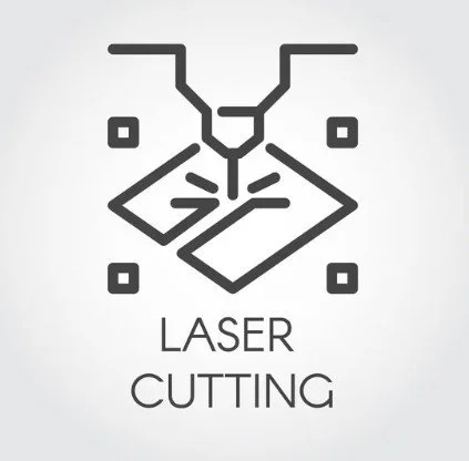 Logo minimalista con un láser y un trozo de material siendo cortado, con las palabras "Laser Cutting" debajo.