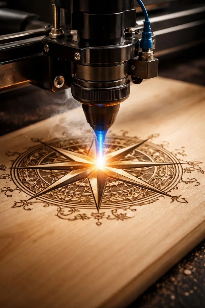 Marca de una brújula decorativa siendo grabada por un láser en una pieza de madera. La máquina de grabado láser está en funcionamiento, desprendiendo un destello brillante y vapor.