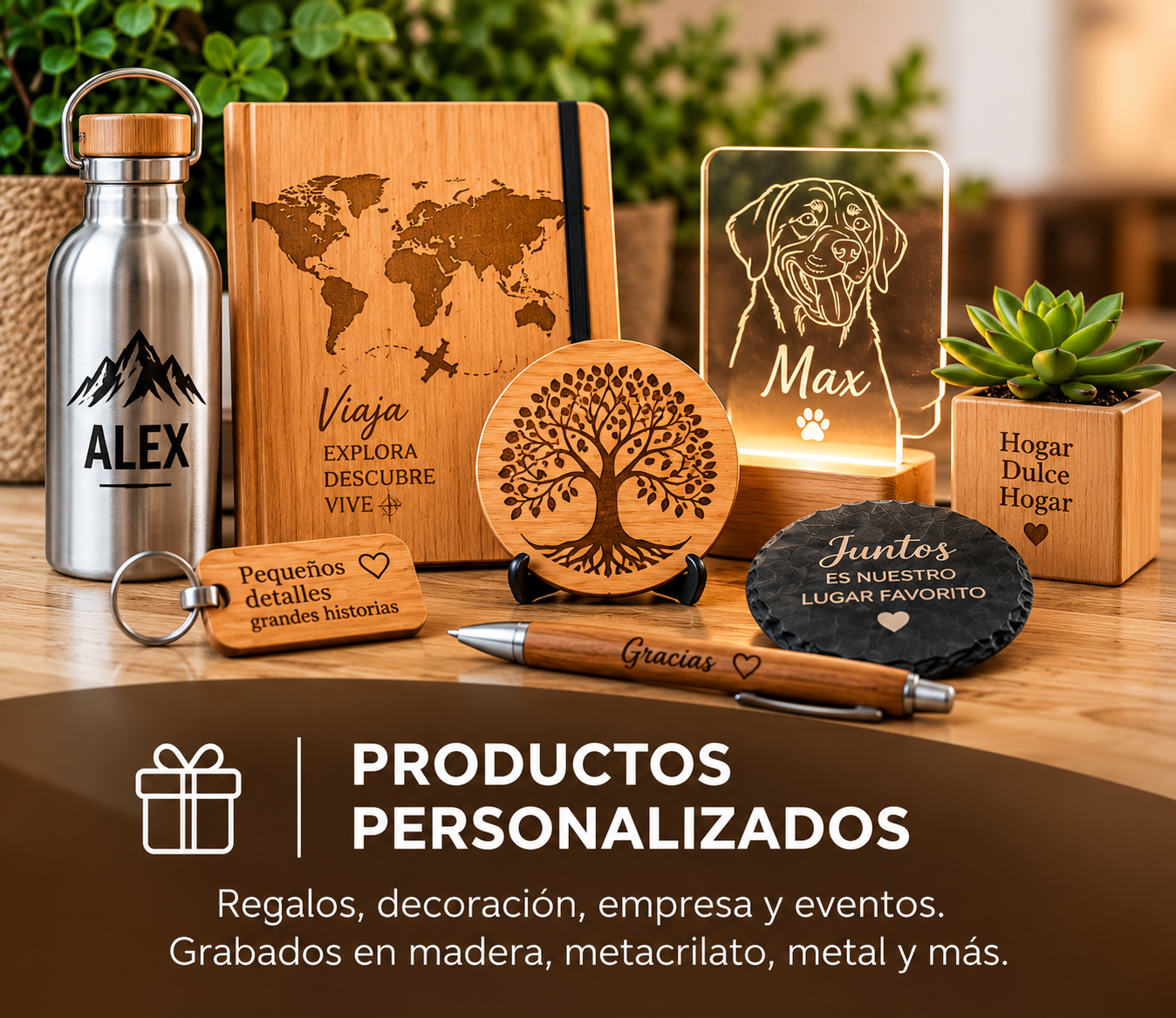 varios productos personalizados de madera y acrílico en una mesa, incluyendo una botella de agua grabada con un diseño de montañas y nombre, un cuaderno de mapas, una placa con un árbol, una lámpara con la imagen de un perro y el nombre Max, una maceta con planta suculenta y la frase 'Hogar Dulce Hogar', una pieza de cerámica con la frase 'Juntos es nuestro lugar favorito', y un bolígrafo con grabado 'Gracias'.