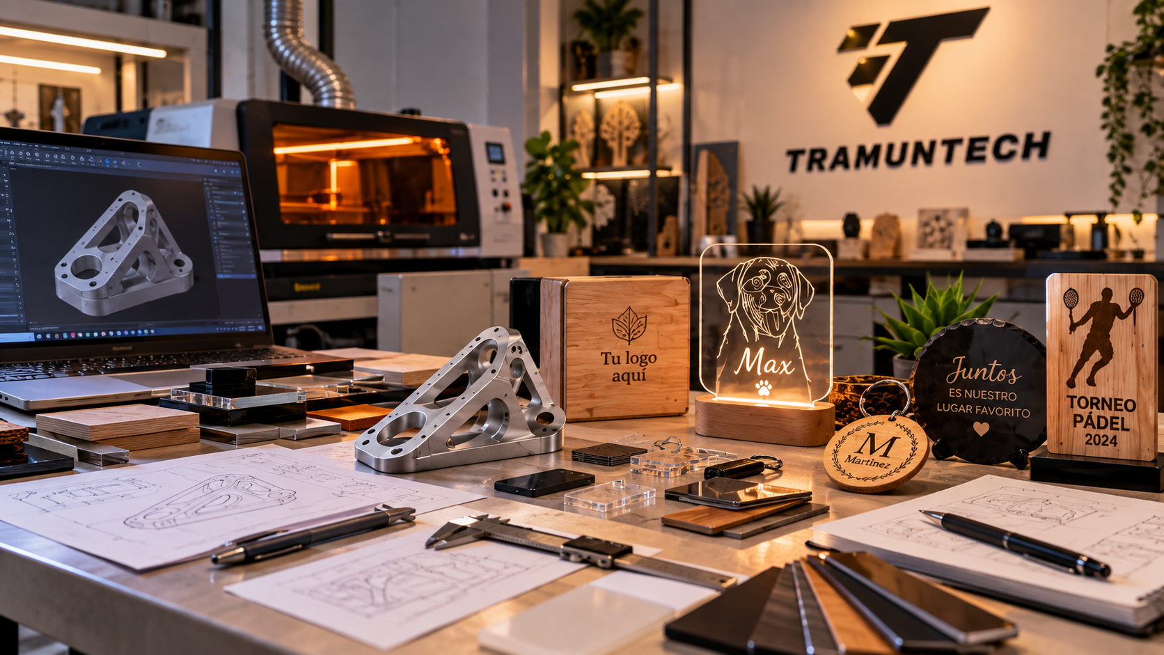 Mesa de trabajo con prototipos, bocetos, y modelos de piezas de aluminio, en un taller de diseño y manufactura. En el fondo, un horno 3D, y en las paredes, el logotipo de TramunTech.