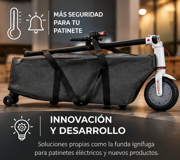 Una patineta eléctrica con una funda de protección y un soporte para ruedas, con anuncios de seguridad y innovación en fondo urbano.