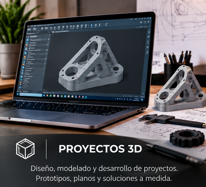 Una computadora portátil en una mesa que muestra un diseño 3D de una pieza mecánica en la pantalla. También hay otra copia de la pieza, una regla, un engranaje y papeles con dibujos técnicos.