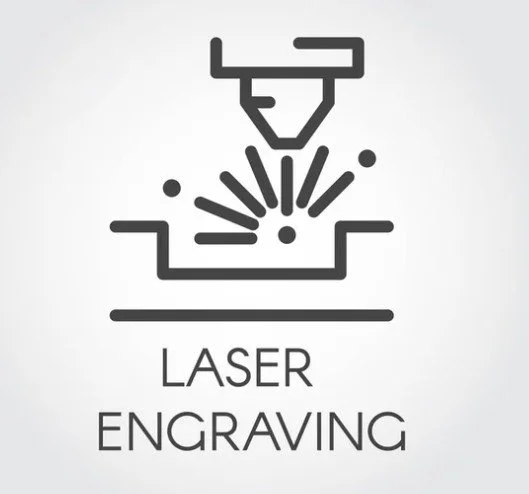 Icono de grabado láser, con una máquina láser y un material siendo marcado