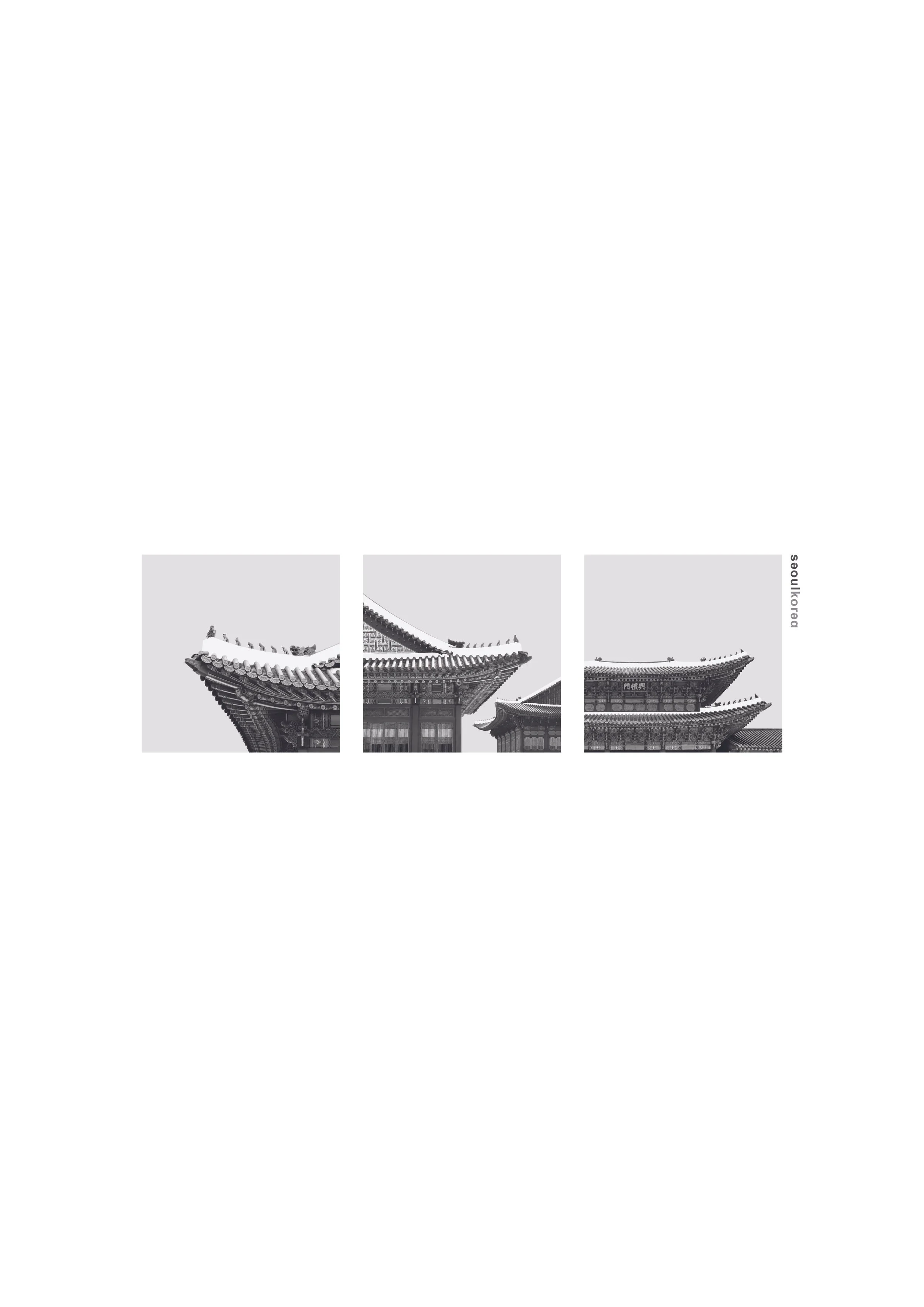 Three black and white photos of traditional Korean roof architecture arranged in a row, with the word 'seoul.korea' in the right margin.