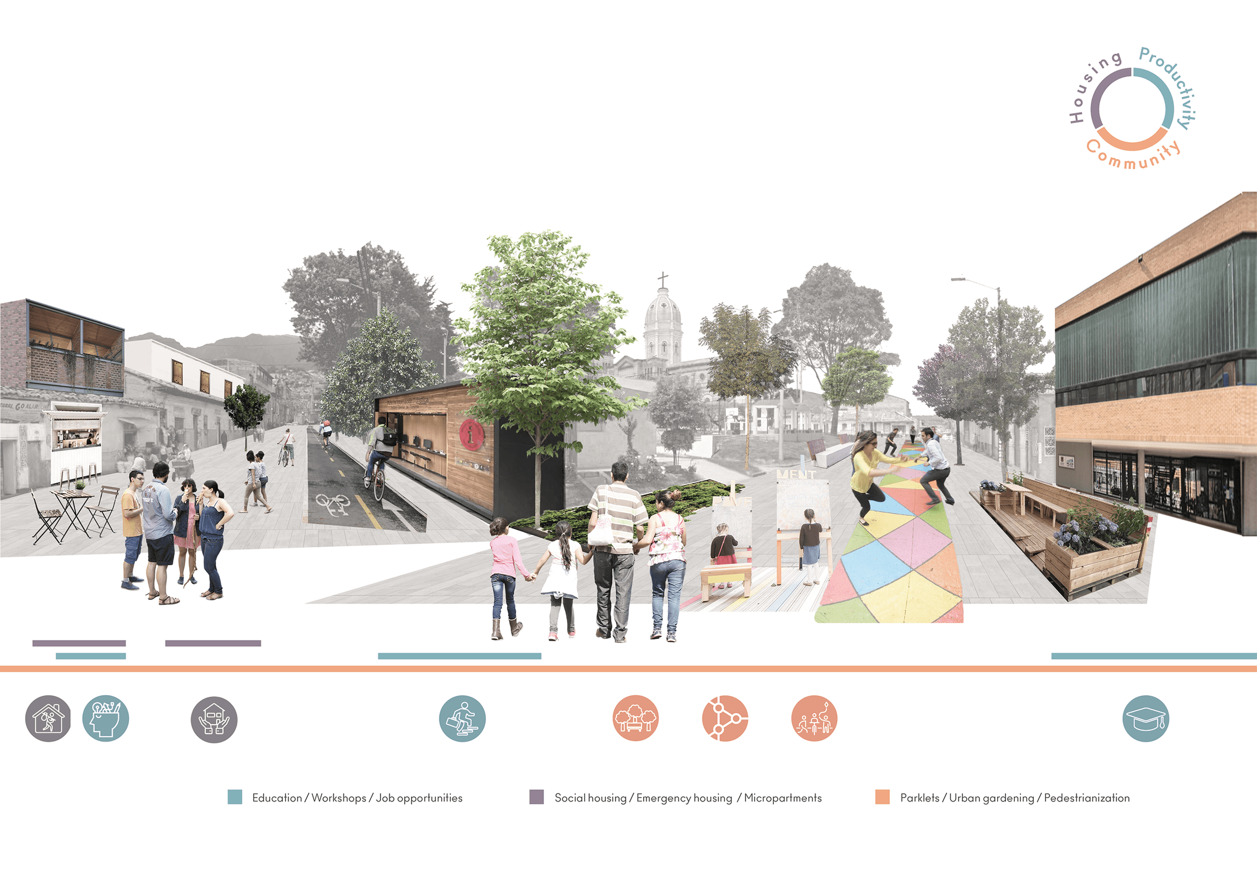 A community plan for Las Cruces featuring green spaces, pedestrian zones, and mixed-use buildings with people walking, biking, and engaging in outdoor activities.